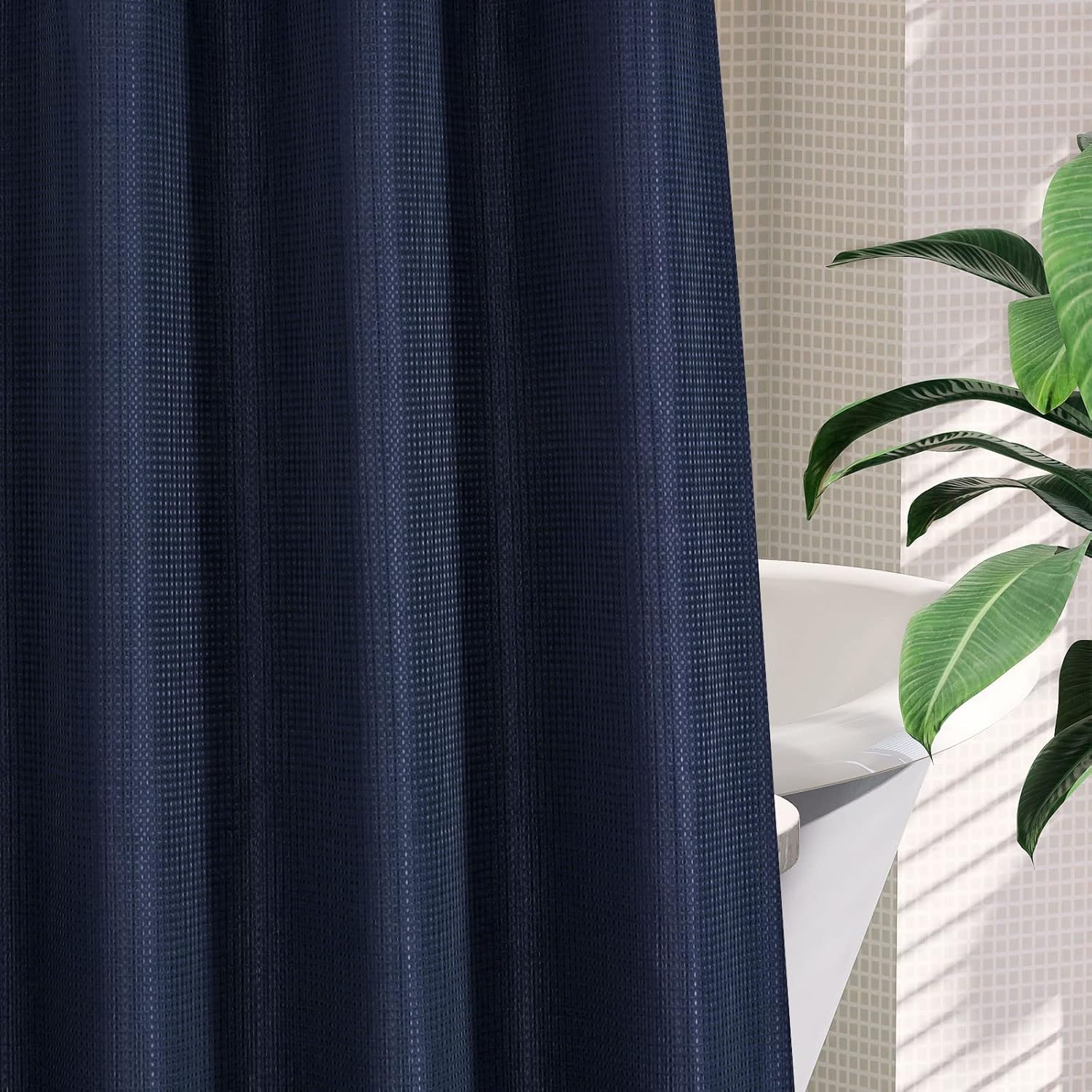 MitoVilla Navy Blue Waffle Shower Curtain Set