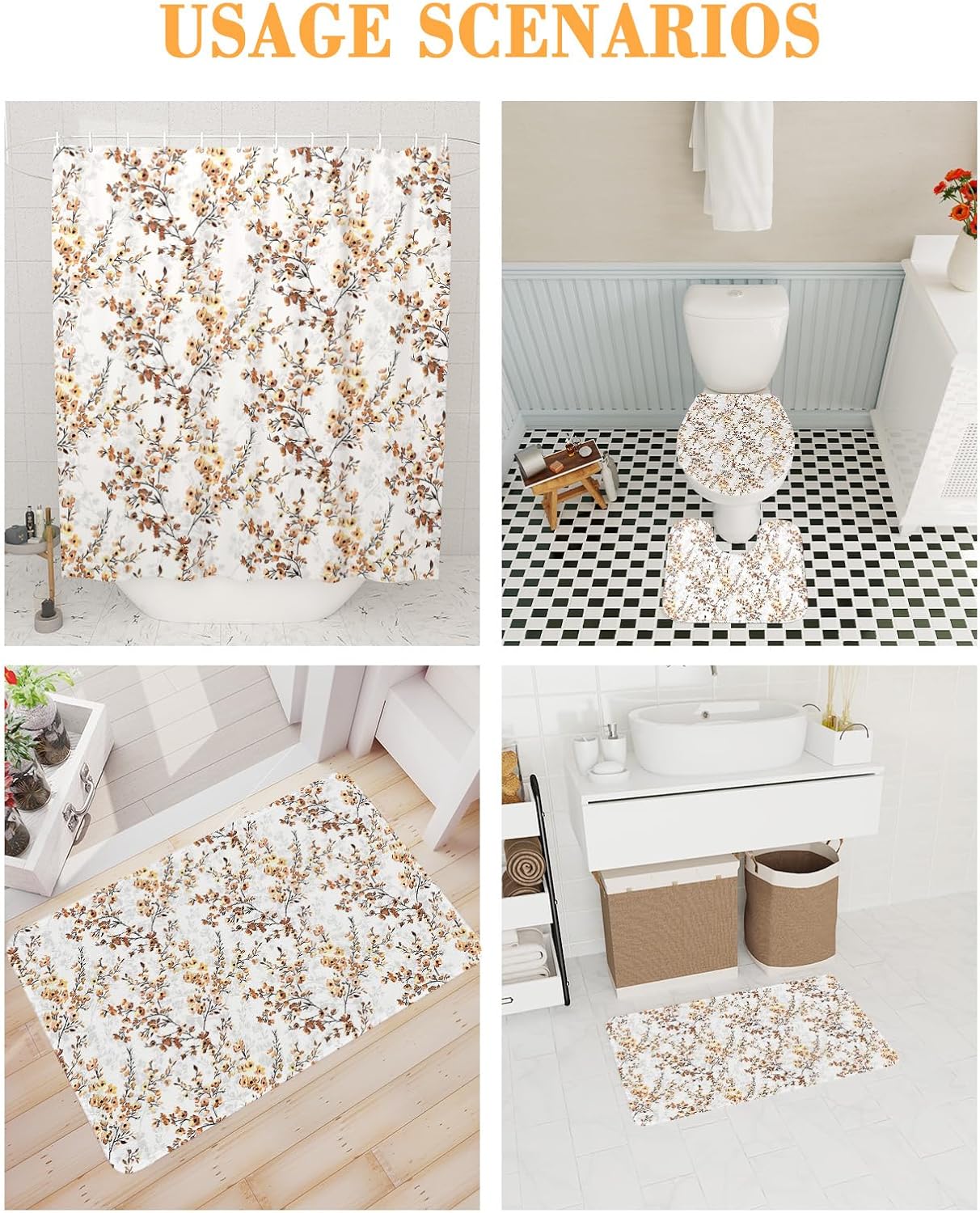 ZOE GARDEN Brown Flower Leaves Shower Curtain Set