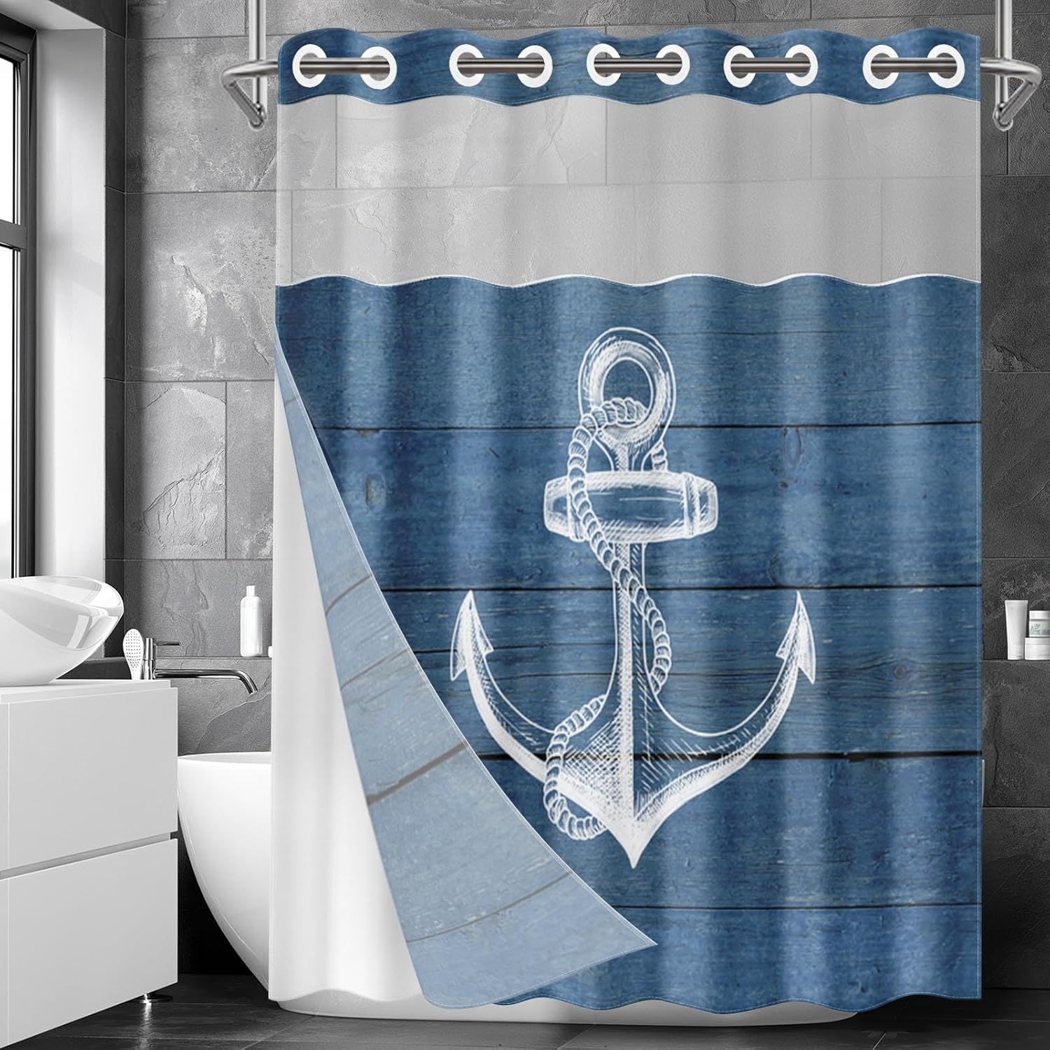 Nesphy Navy Blue No Hook Anchor Wooden Board Shower Curtain Set