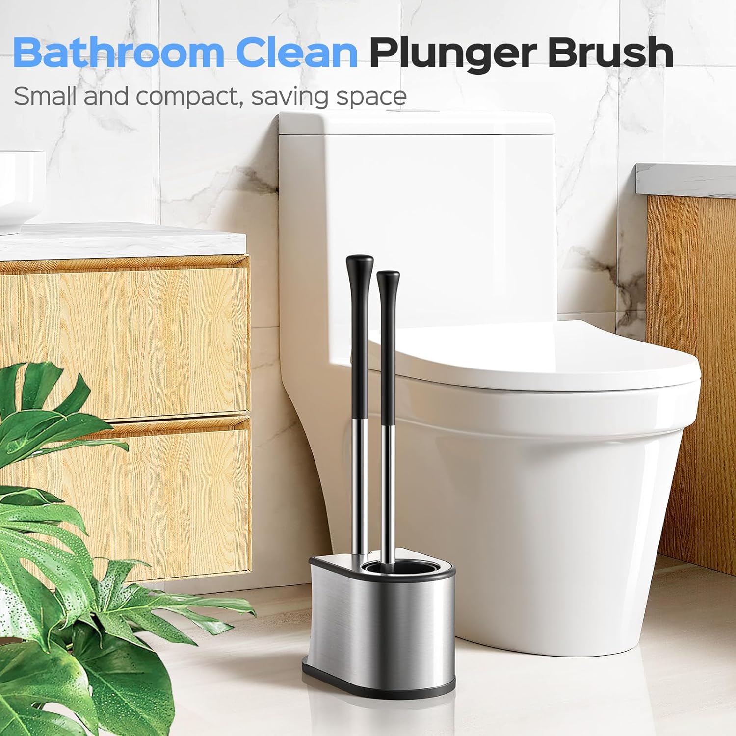 HAMITOR Toilet Plunger and Brush Set - 2 in 1 Heavy Duty Stainless Steel