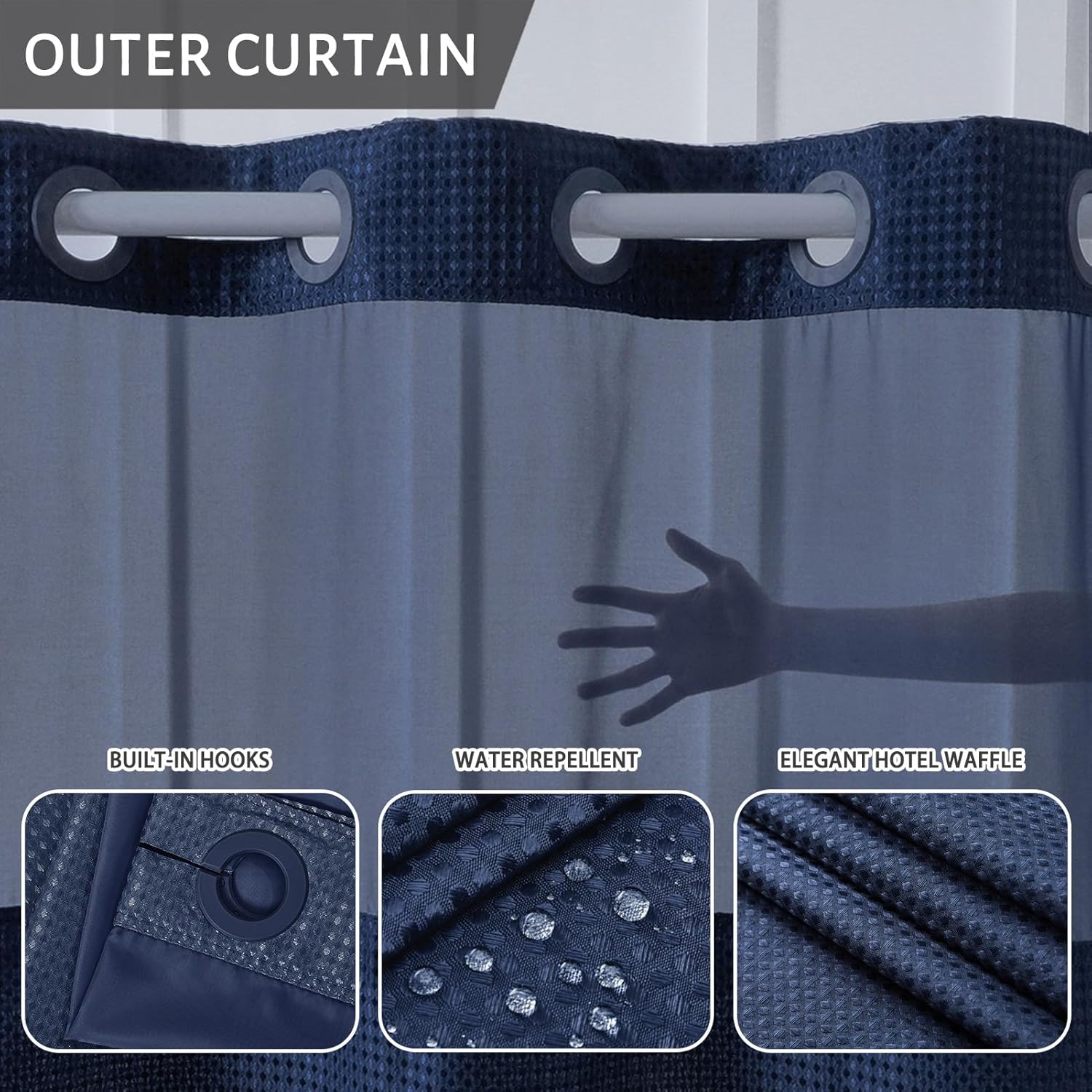Furlinic No Hook Waffle Shower Curtain Set Navy Blue 36x72 Inch