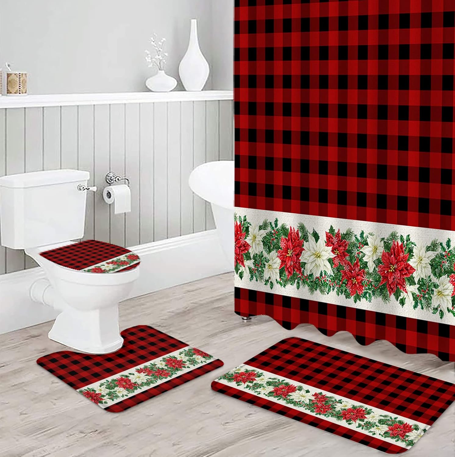 ZOE GARDEN Poinsettia Bathroom Set with Shower Curtain Rug and Hooks