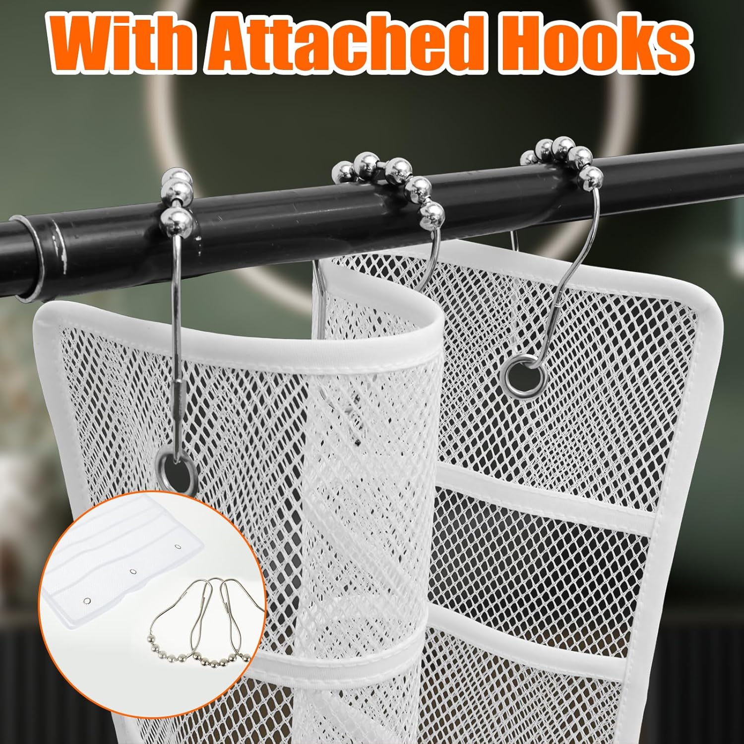 7 Pockets Mesh Shower Caddy with Hooks for Fast Dry Storage