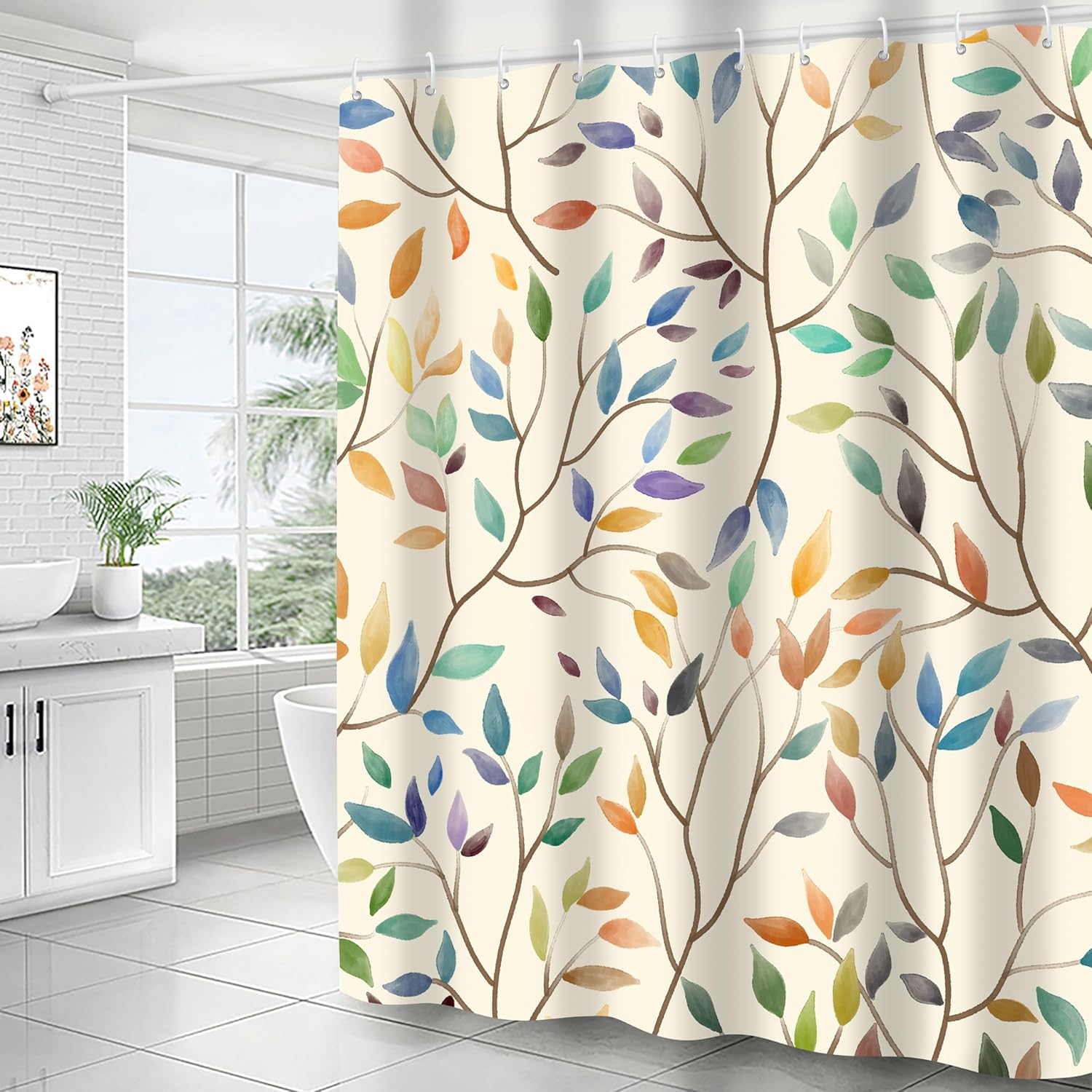 Boho Floral Shower Curtain with 12 Hooks 72x72 Inches