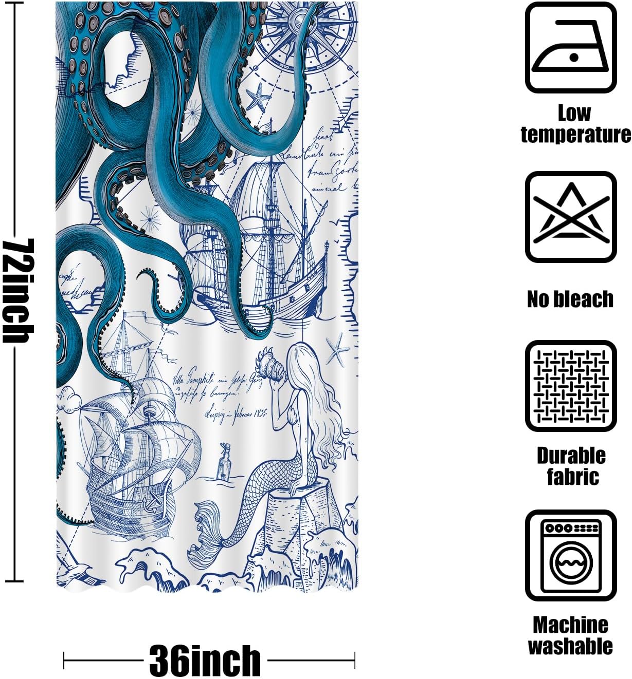 Fungarth Nautical Octopus Shower Curtain Blue 36x72