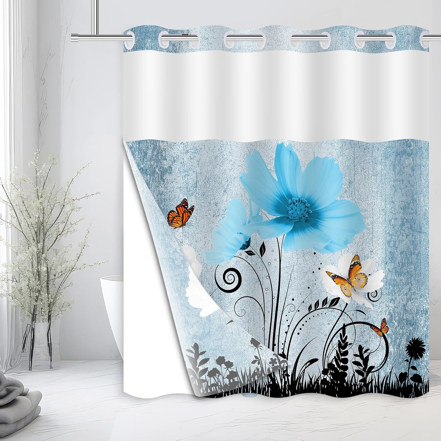 Beautiful Butterfly Shower Curtain with Aqua Floral Pattern