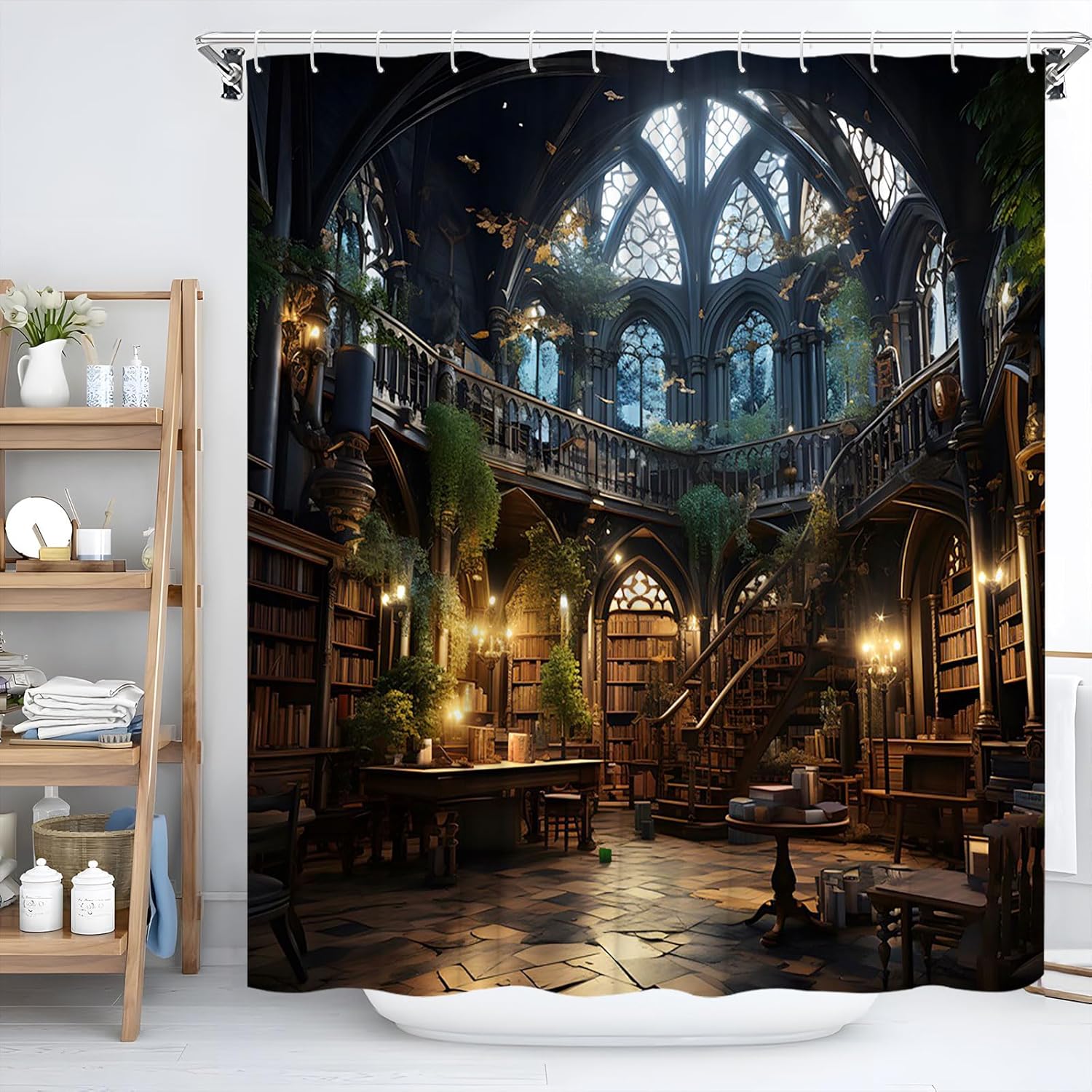 Gothic Library Shower Curtain with Hooks