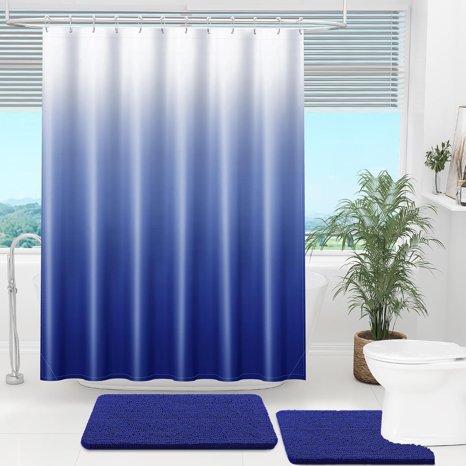 OLANLY Luxury Royal Blue Ombre Shower Curtain Set with 12 Hooks 72x72 Inches