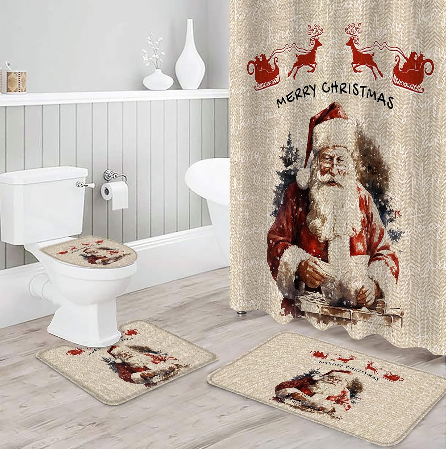 ZOE GARDEN Christmas Santa Bathroom Set with Rug and Hooks
