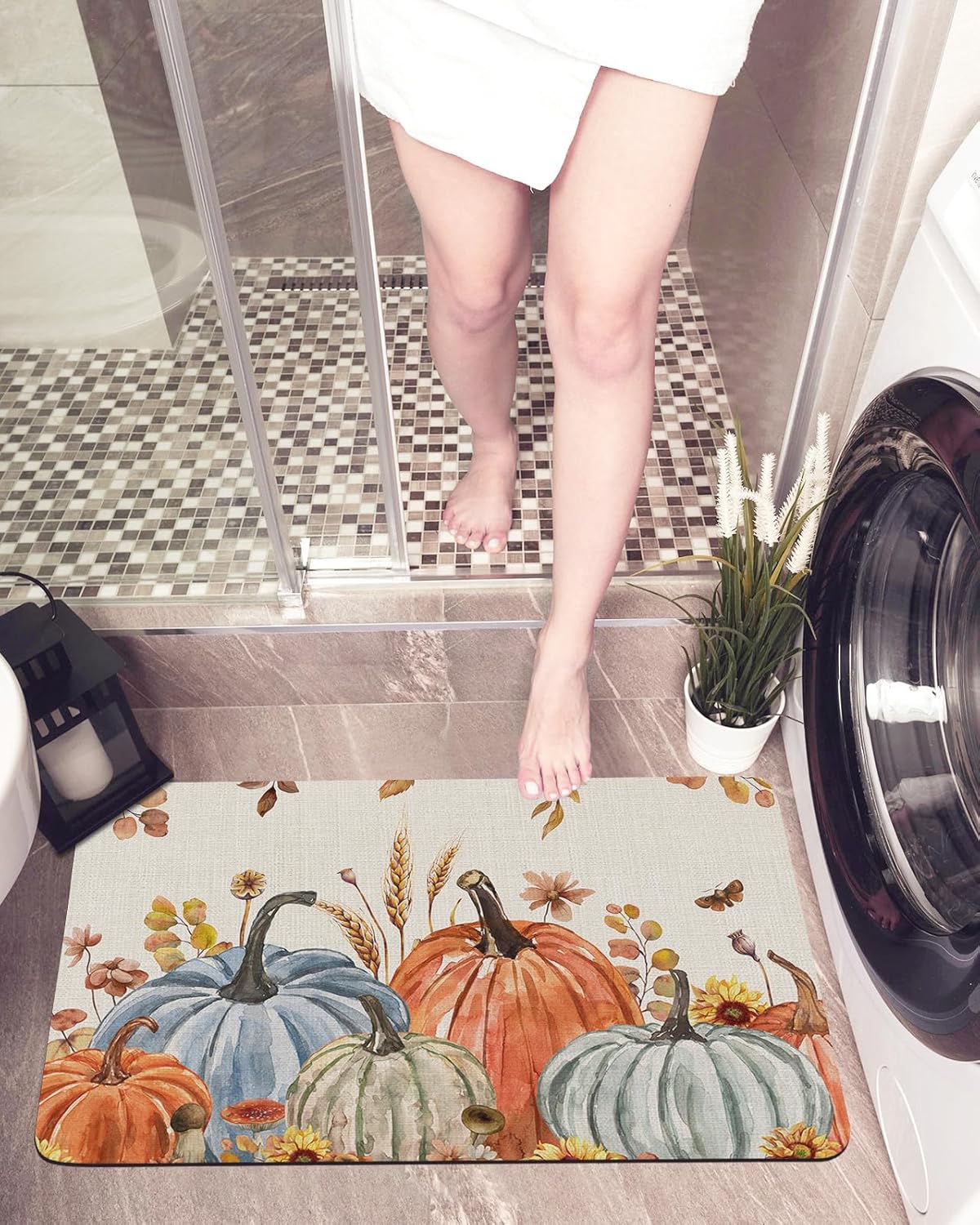 Fall Pumpkin Eucalyptus Leaves Bath Mat 32x20In