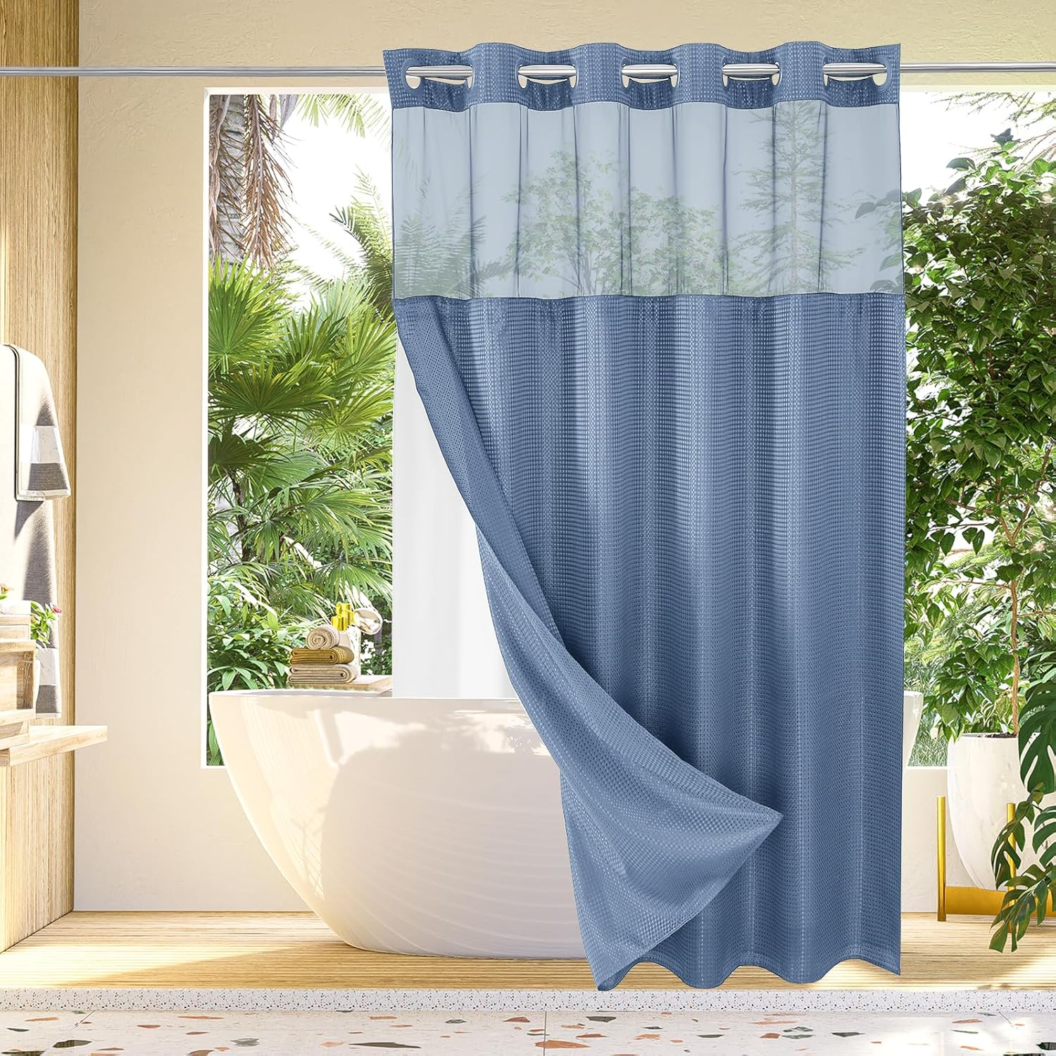 Gibelle Waffle Weave Shower Curtain Set with Liner Hotel Style Moonlight Blue 72x74