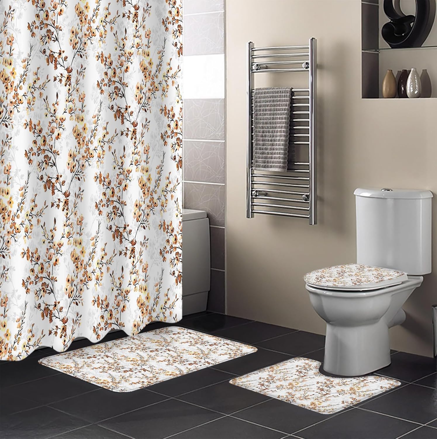 ZOE GARDEN Brown Flower Leaves Shower Curtain Set
