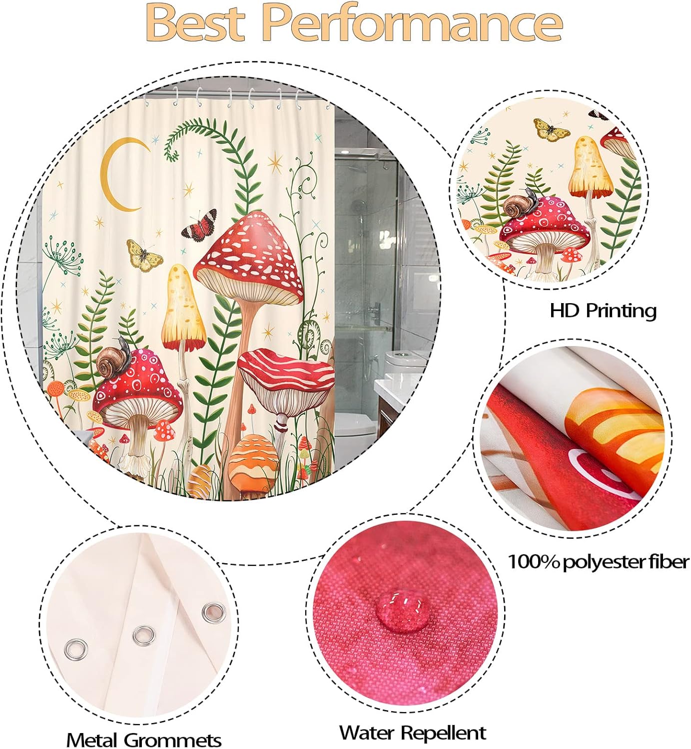 Zussun Mushroom Pattern Shower Curtain Set Beige
