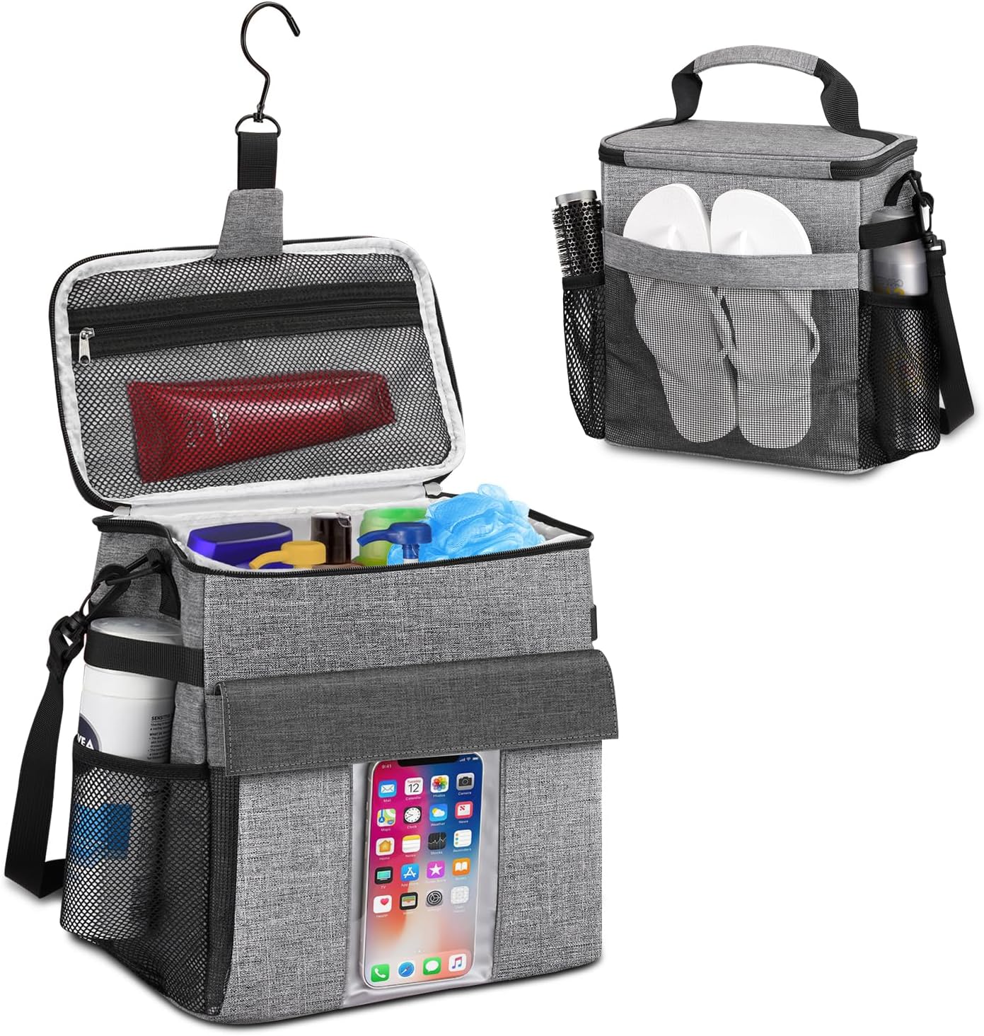 SKYREH Portable Shower Caddy Tote Bag with Shoes and Phone Compartment Gray
