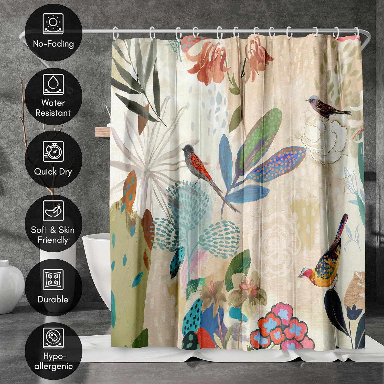 Americanflat 71x74 Floral Shower Curtain with 12 Hooks and Durable Metal Grommets