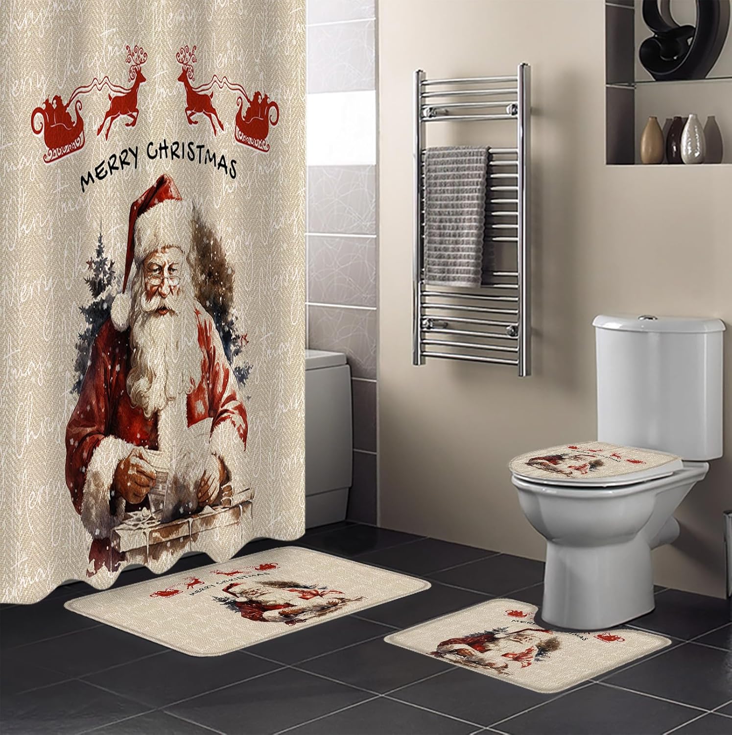 ZOE GARDEN Christmas Santa Bathroom Set with Rug and Hooks