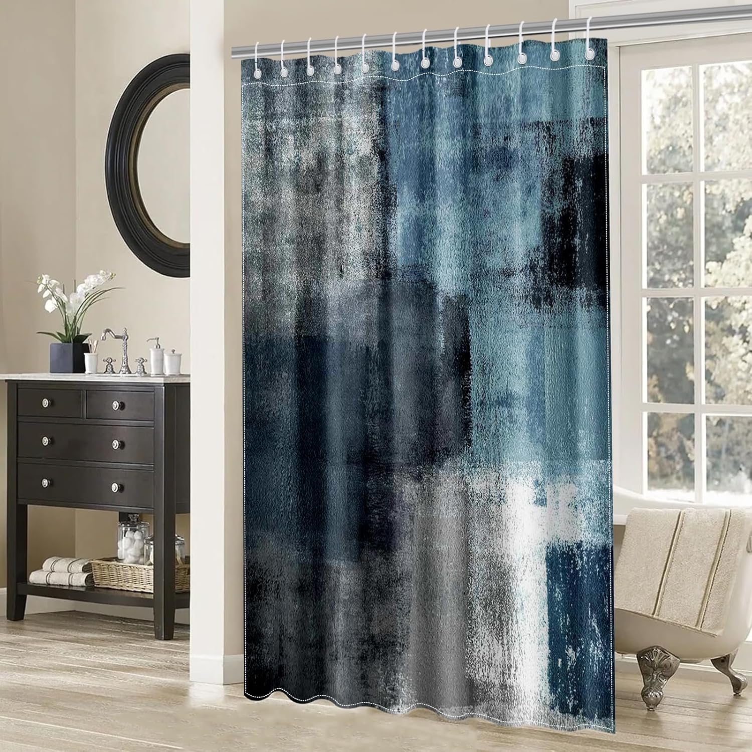Mocsicka Blue Grey Abstract Shower Curtain with 12 Hooks 1