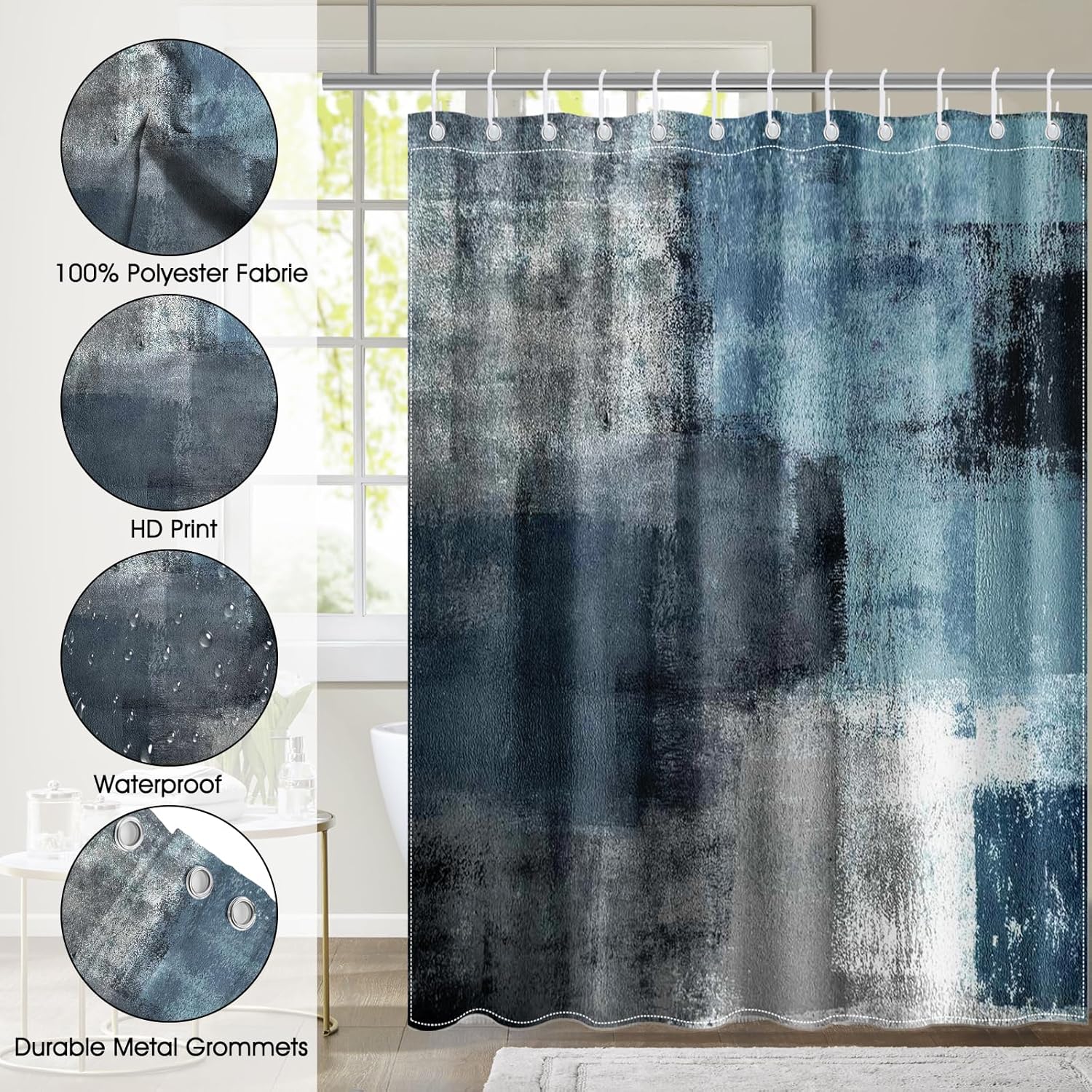 Mocsicka Blue Grey Abstract Shower Curtain with 12 Hooks 1