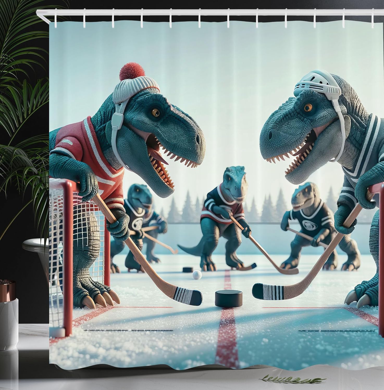 Ambesonne Dinosaur Shower Curtain with Ice Hockey Hooks