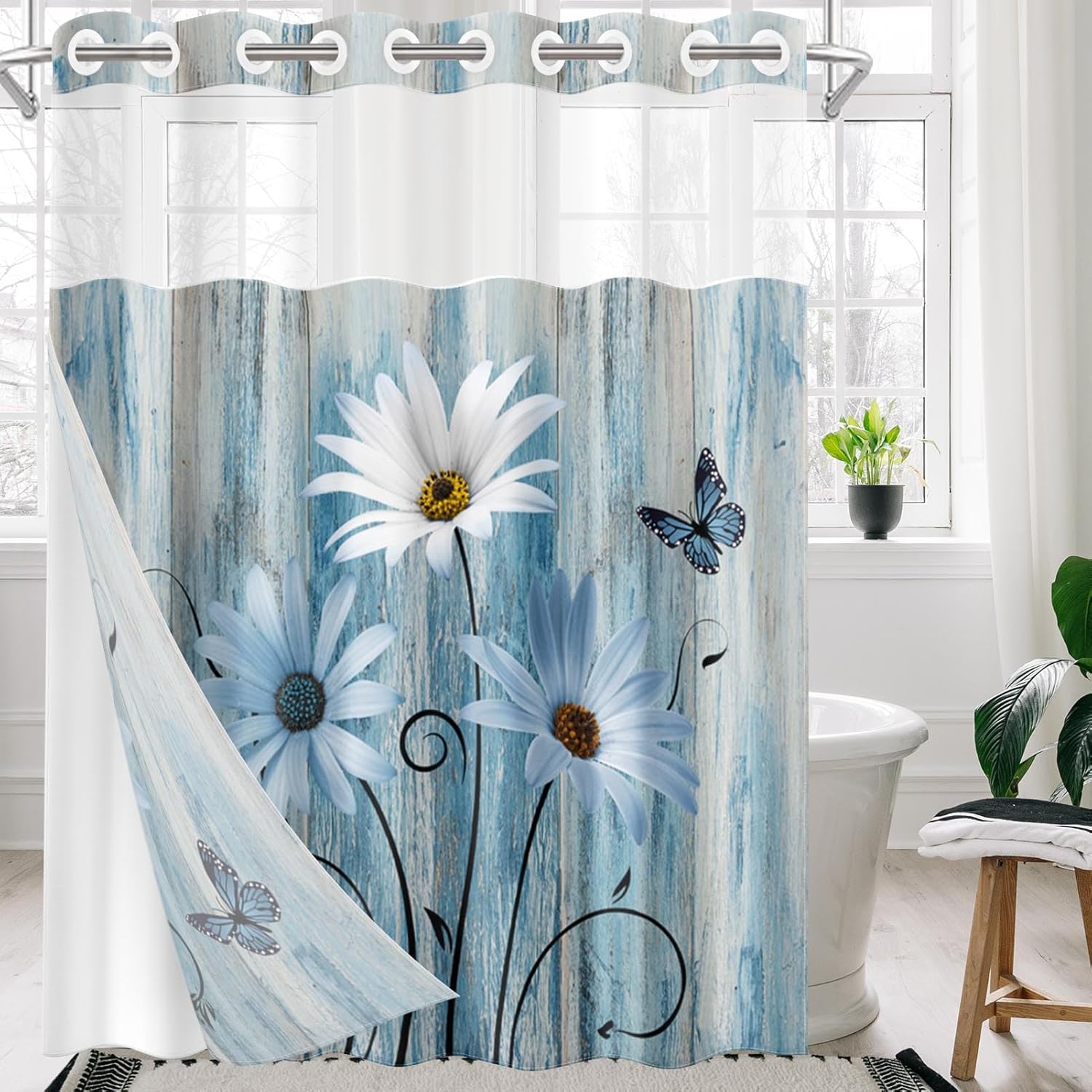 Nesphy No Hook Blue Daisy Shower Curtain Set