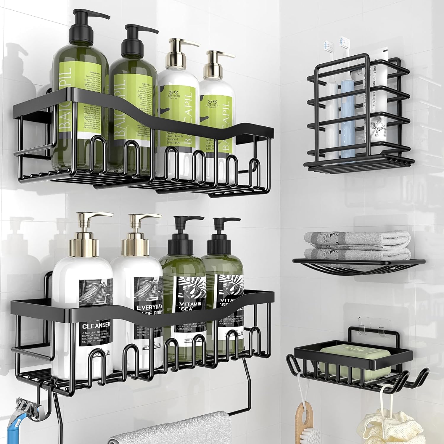 Phiaso 6 Pack Shower Caddy - Drill-Free Stainless Steel Organizer