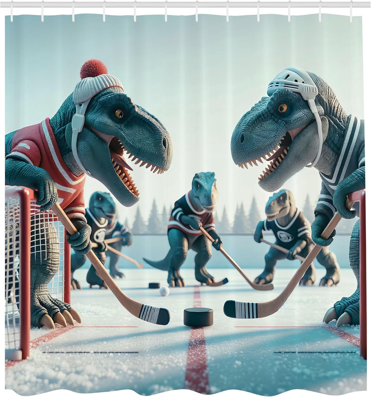Ambesonne Dinosaur Shower Curtain with Ice Hockey Hooks