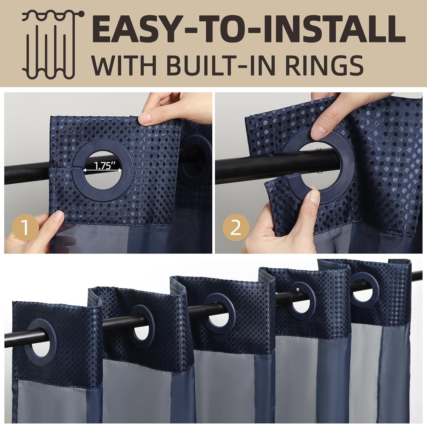 Numwot Dark Blue Shower Curtain Set with Snap-in Liner