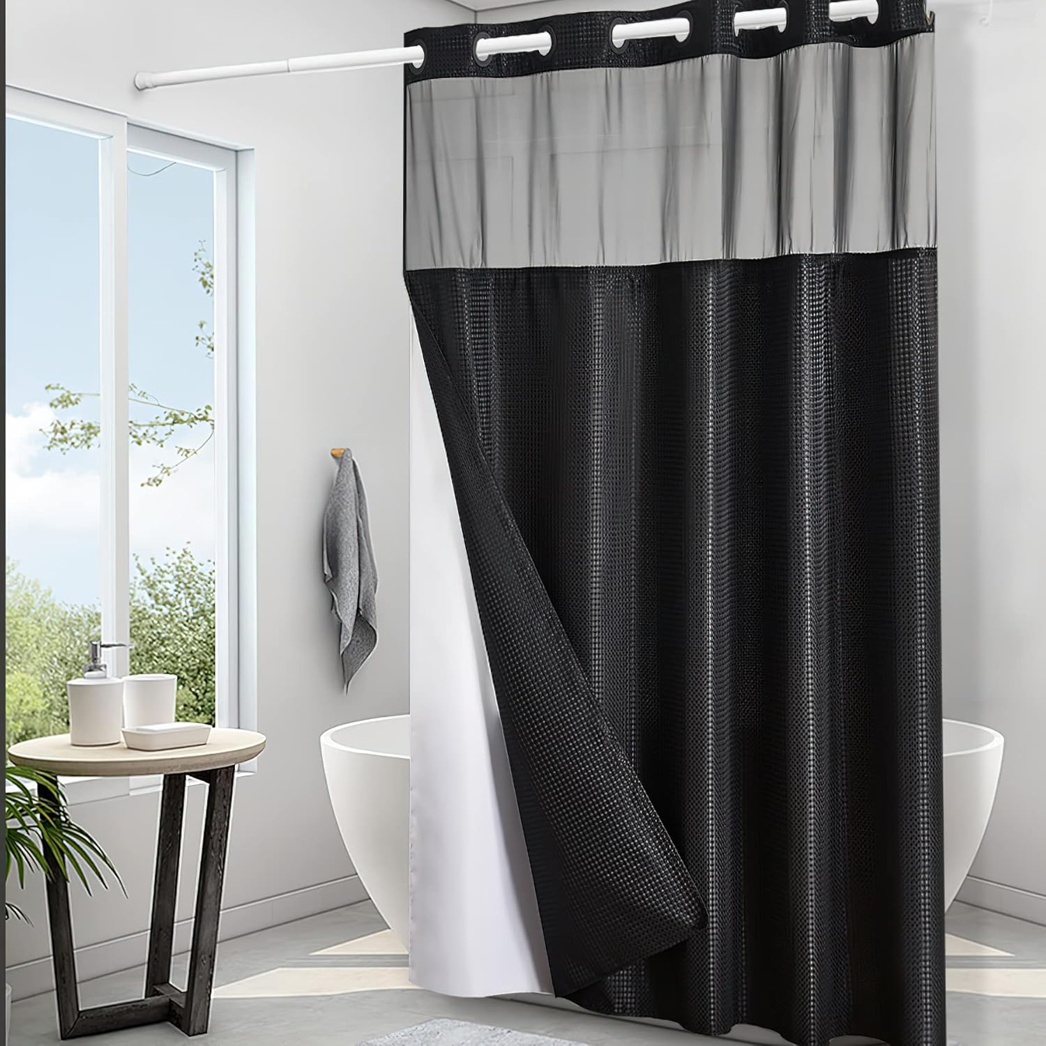 Furlinic Black No Hook Double Shower Curtain Set with Snap Liner