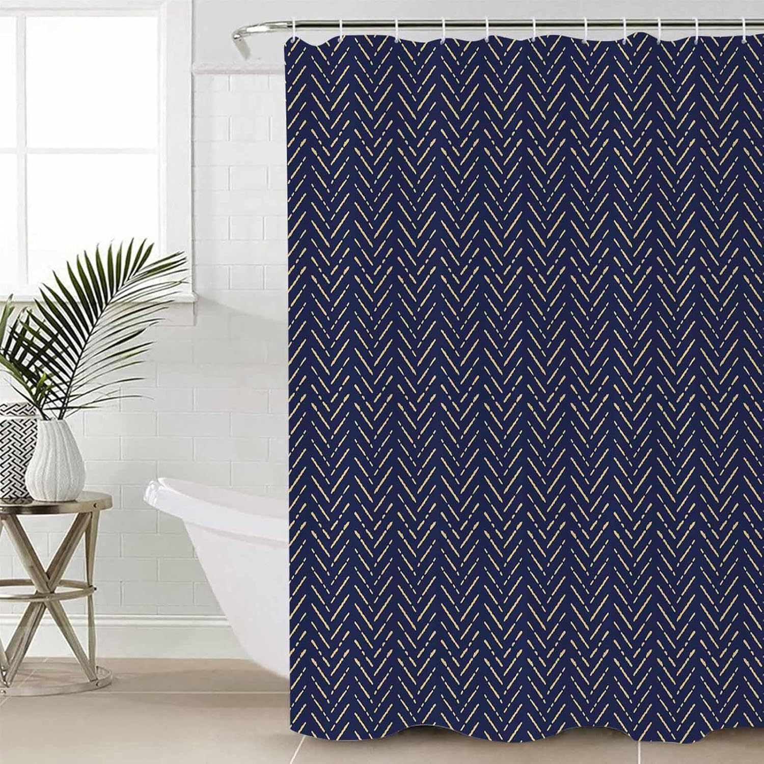 ZOE GARDEN Navy Blue Gold Striped Shower Curtain Set 1
