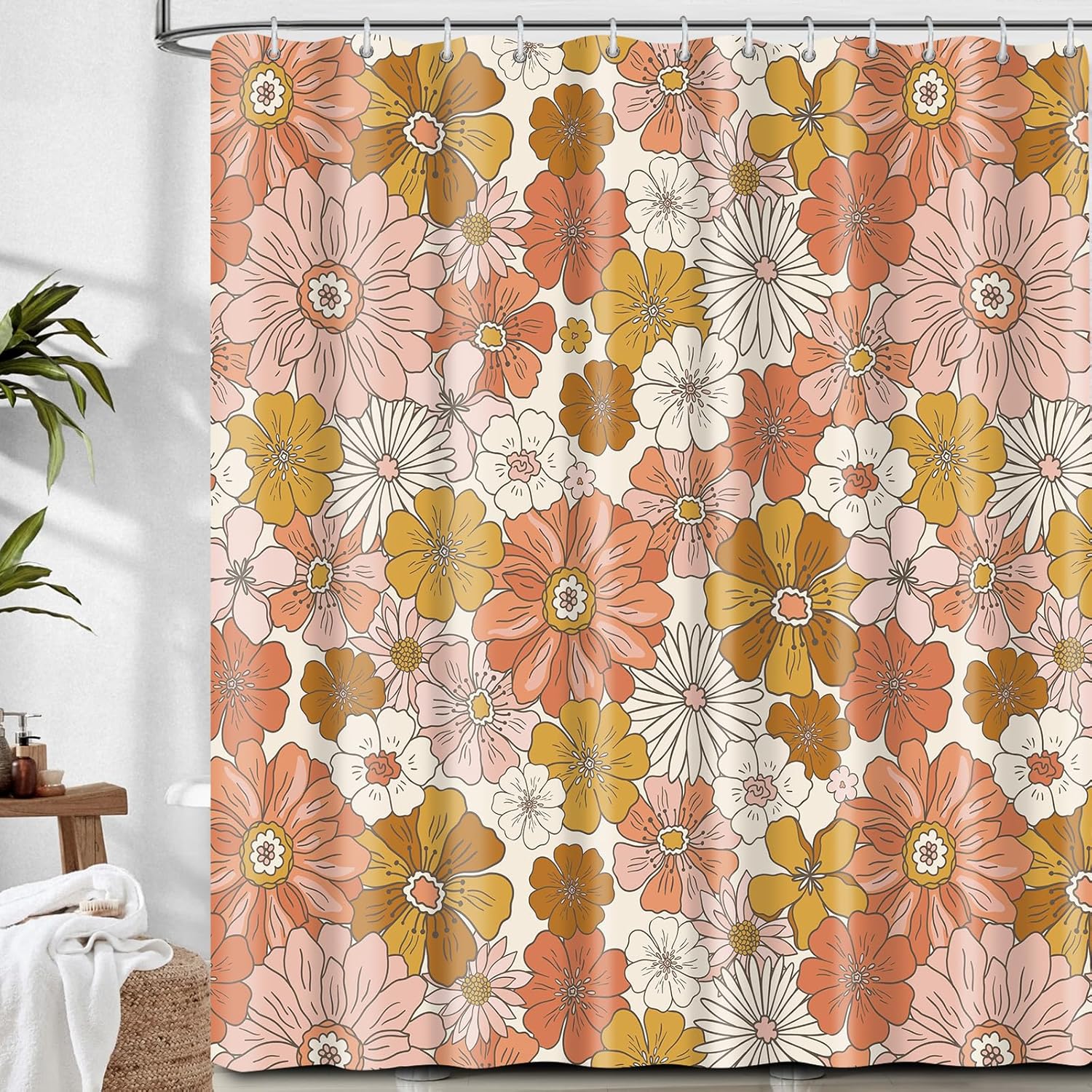 BAUCIWLD Retro Boho Flower Shower Curtain Set with 12 Hooks 1