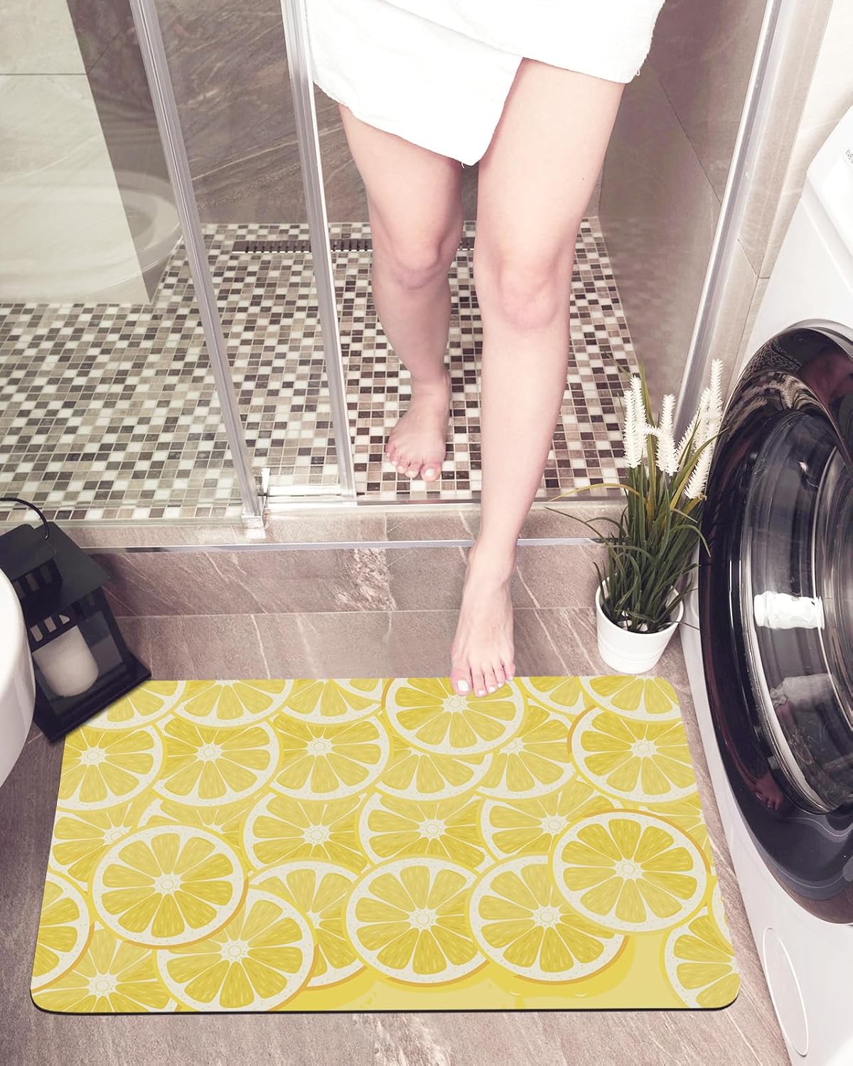 Bath Mat with Lemon Pattern Non-Slip Washable Shower Mat 32x20In
