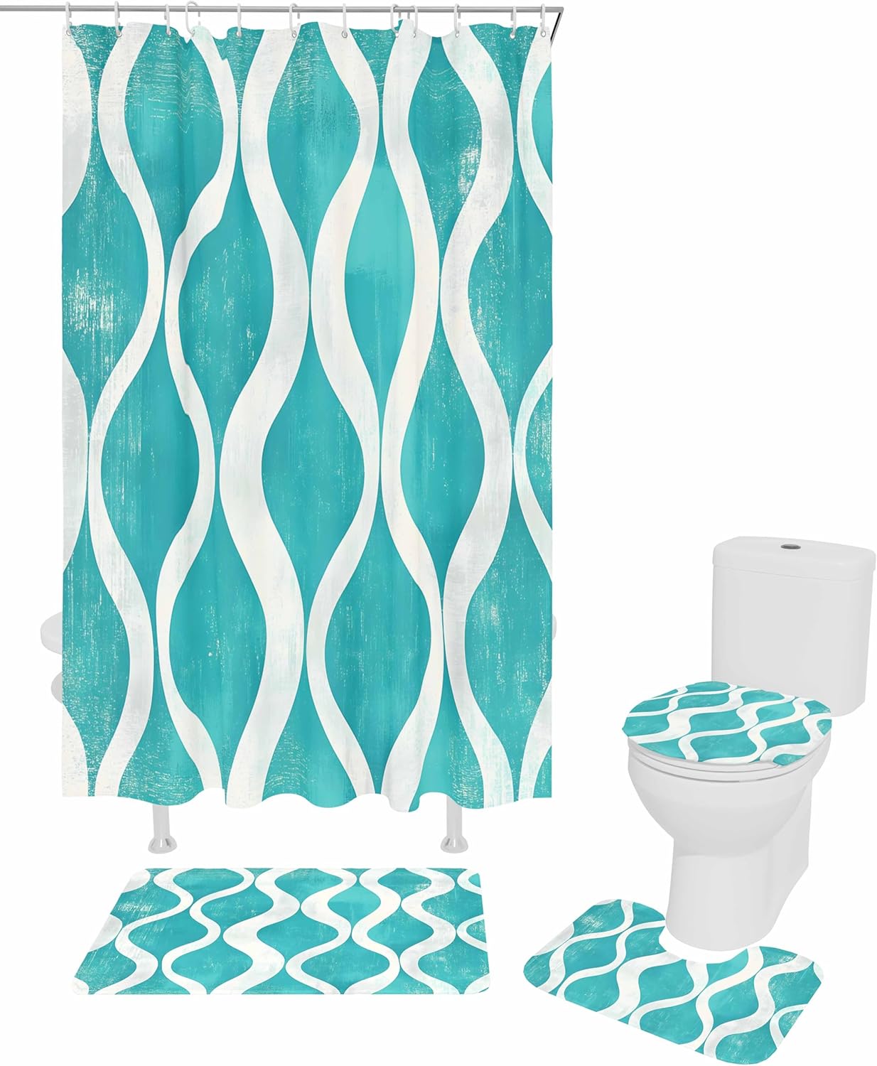 ZOE GARDEN Aqua White Wave Bathroom Set with Mat and Hooks