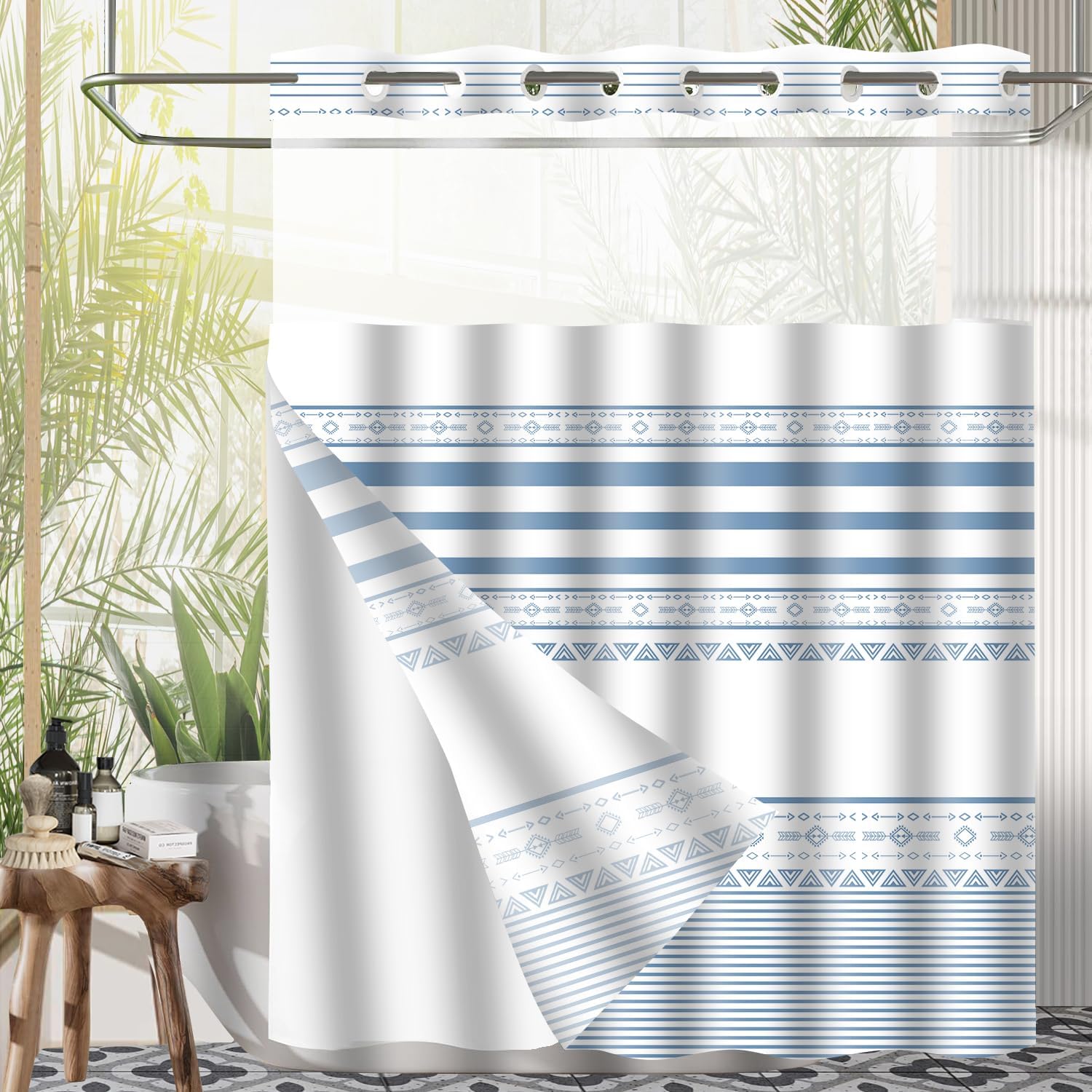 TERSUM No Hook Blue Striped Shower Curtain Set with Snap Liner 71x74 Inch