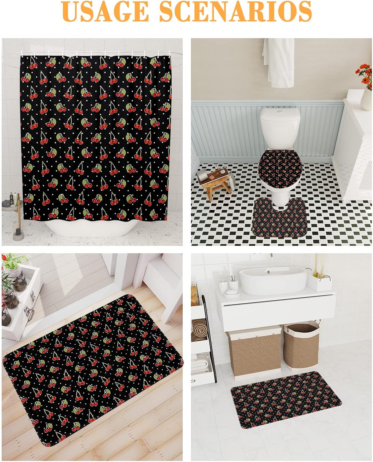 ZOE GARDEN Cherry Bathroom Set with Curtain Rug and Hooks
