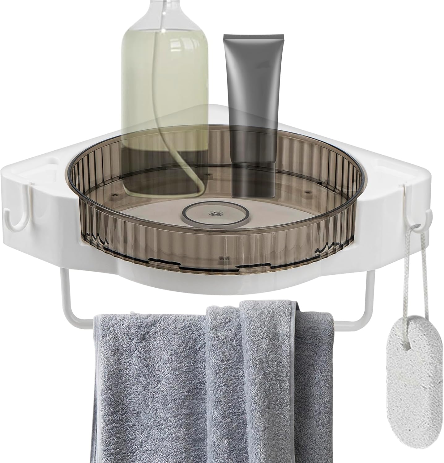 Rotating Corner Shower Caddy with Hooks and Towel Bar