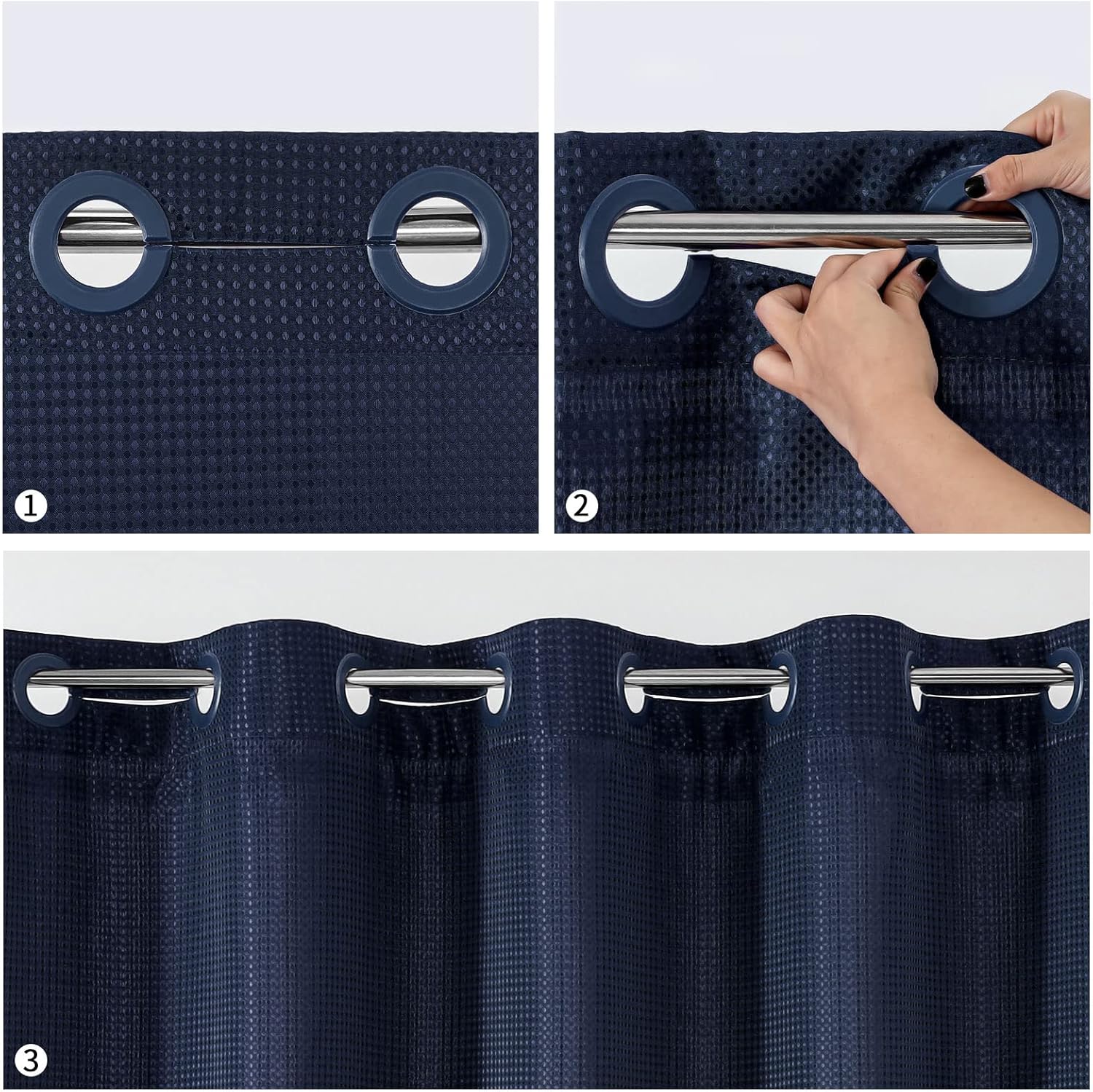 MitoVilla Navy Blue Waffle Shower Curtain Set