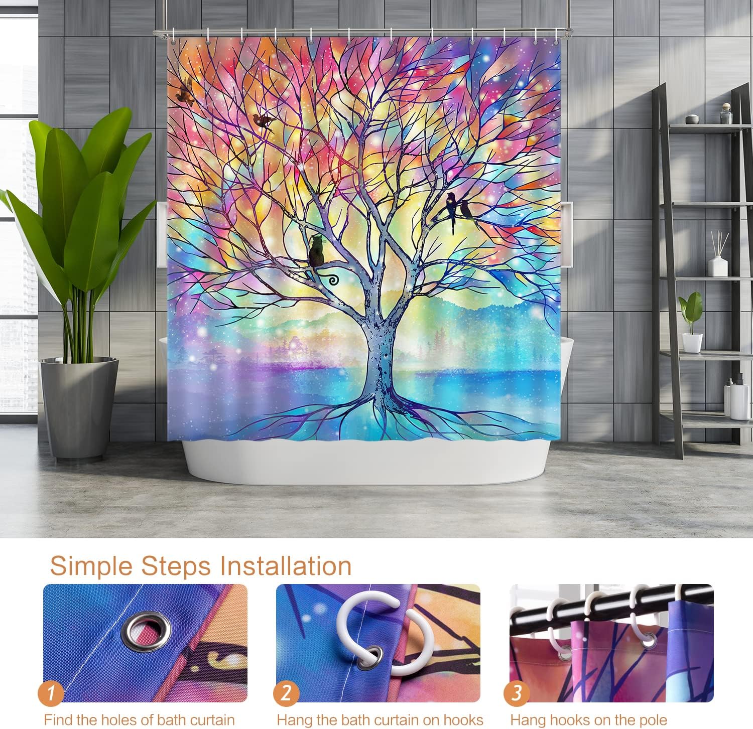 Lokigo Modern Tree and Birds Shower Curtain with 12 Hooks