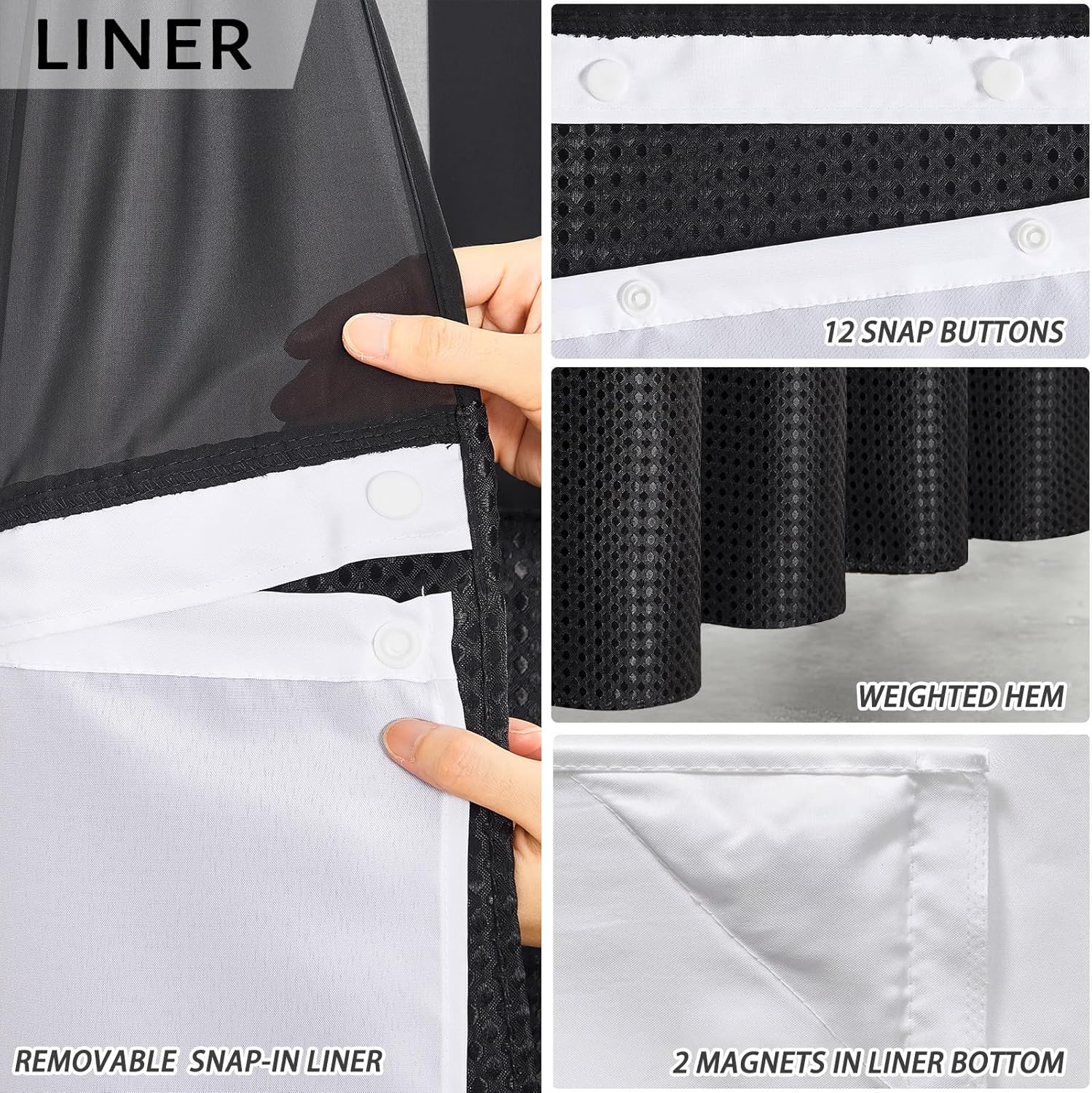 Furlinic No Hook Shower Curtain with Detachable Liner Black 71x78 Inch