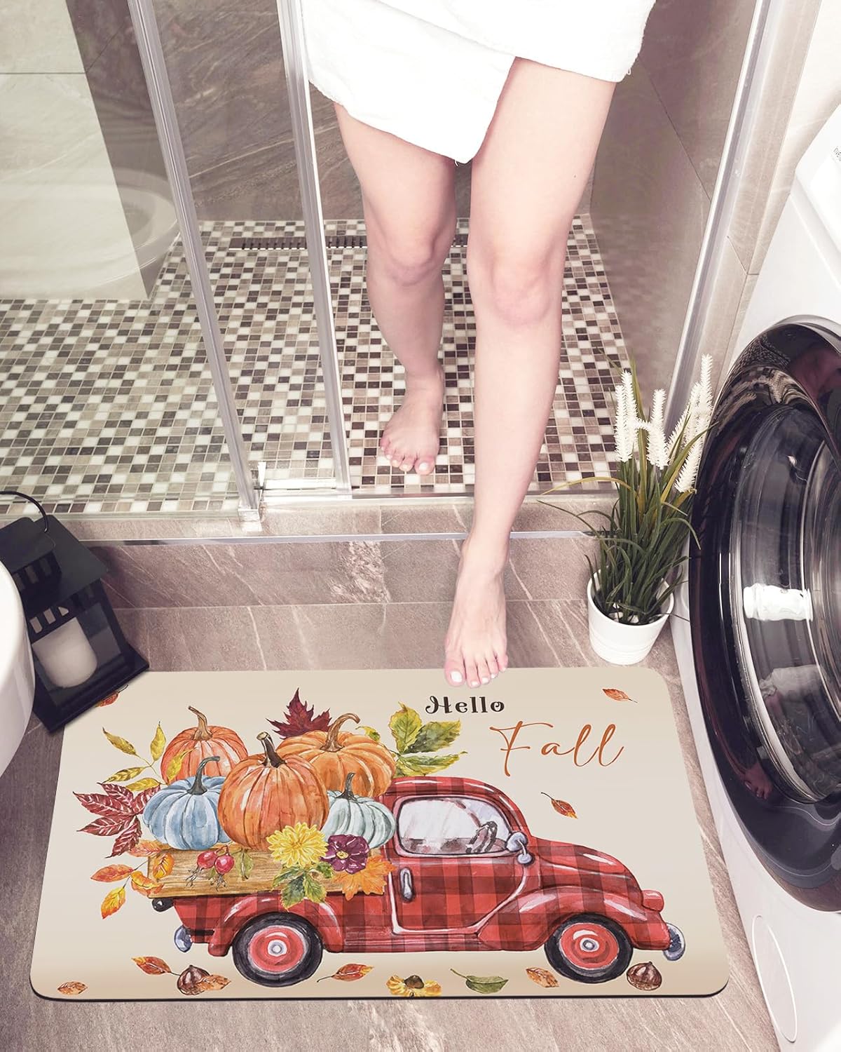 Bath Mat with Fall Pumpkins and Maple Leaves Design