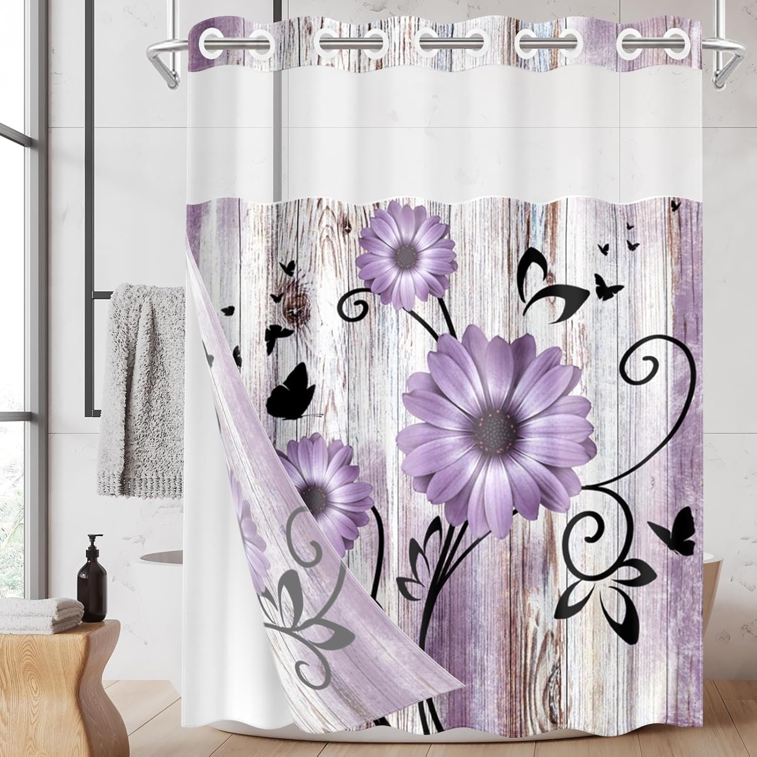 Nesphy Purple Flower Shower Curtain Set with Snap Lining 1