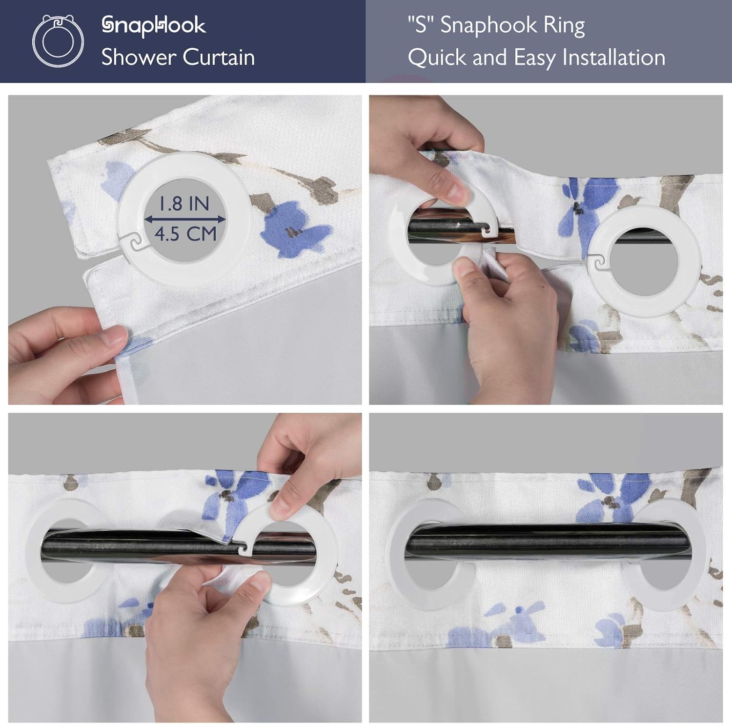 Lagute SnapHook Hook Free Shower Curtain with Liner and Mesh Window Blue Blossom