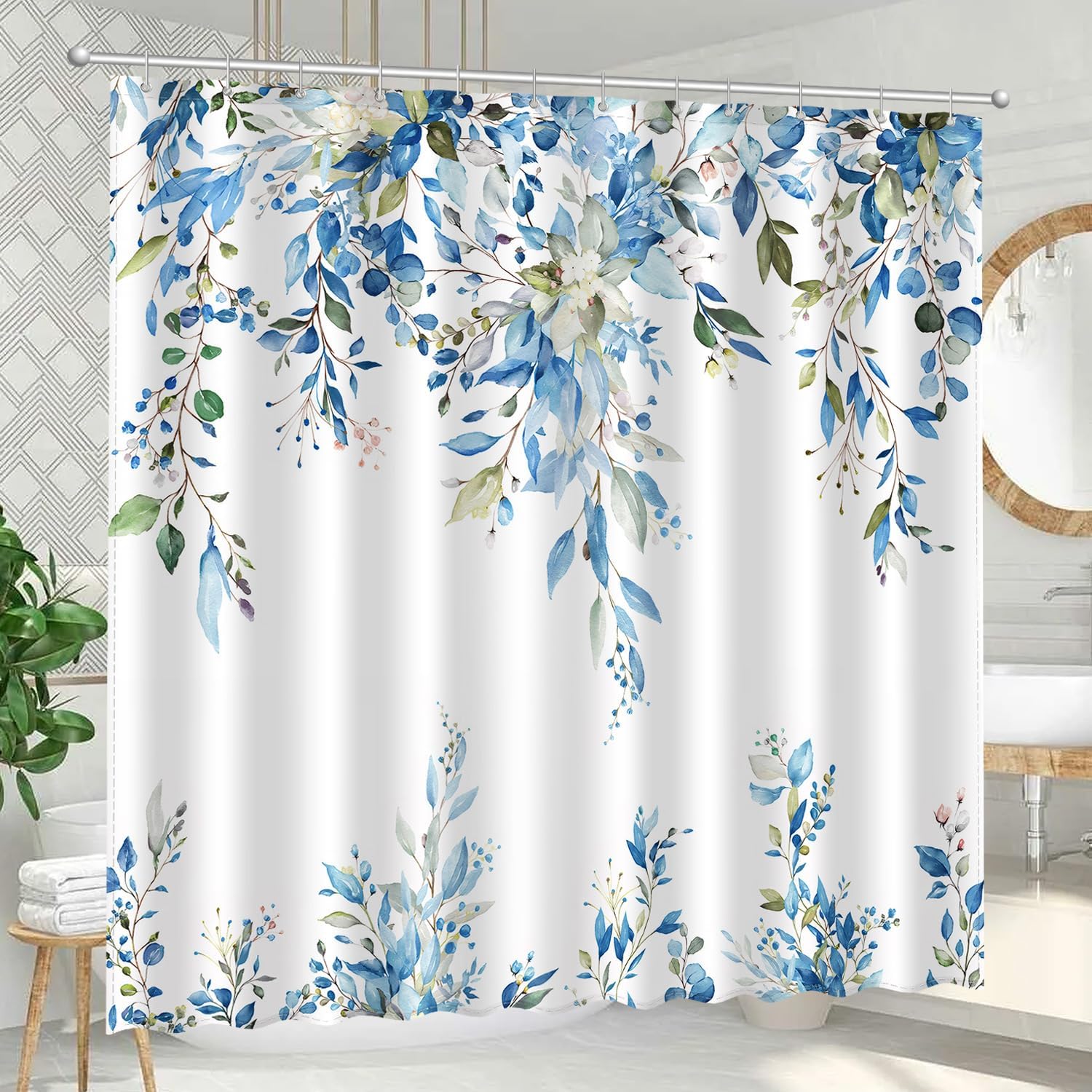 Blue Green Eucalyptus Leaves Shower Curtain Set