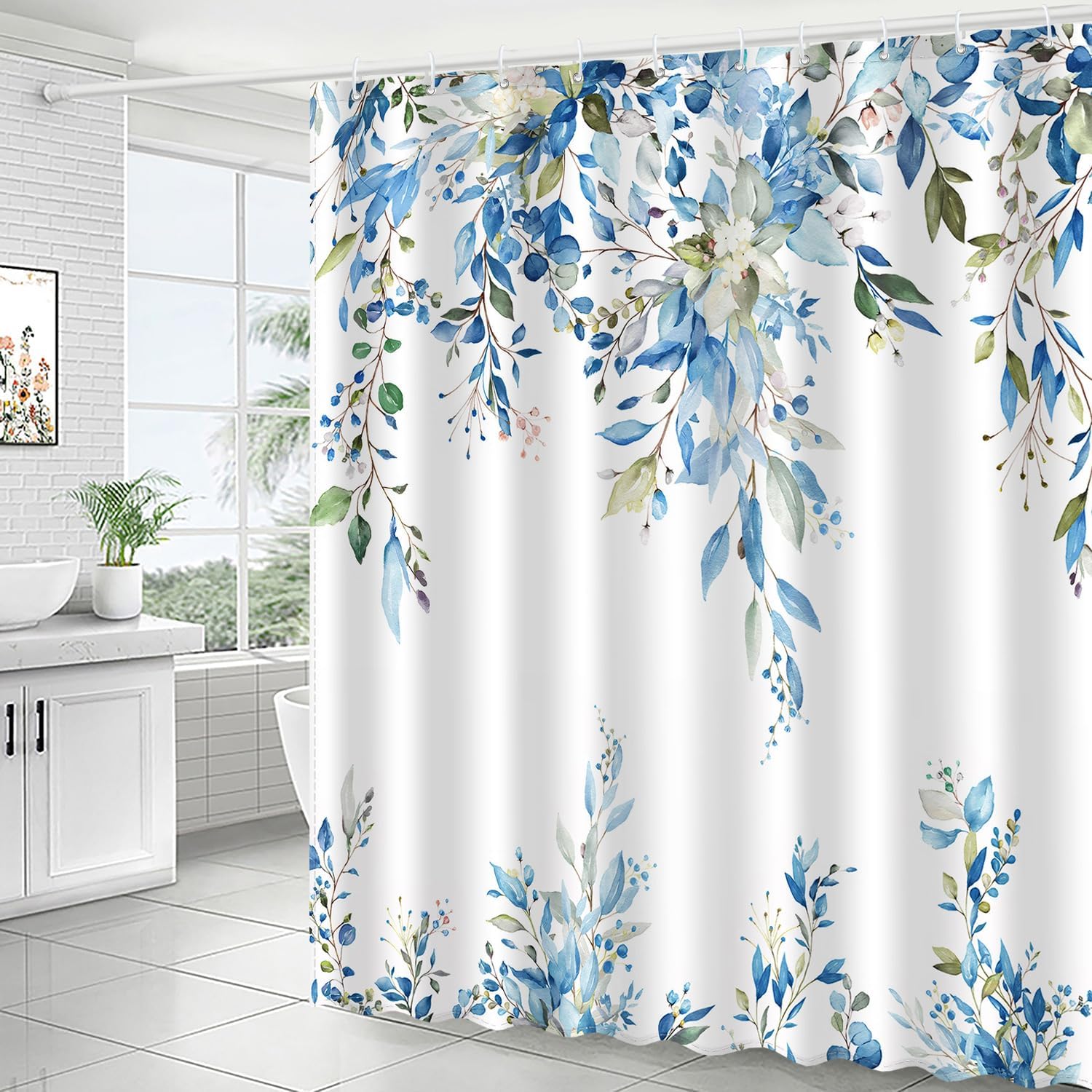 Blue Green Eucalyptus Leaves Shower Curtain Set
