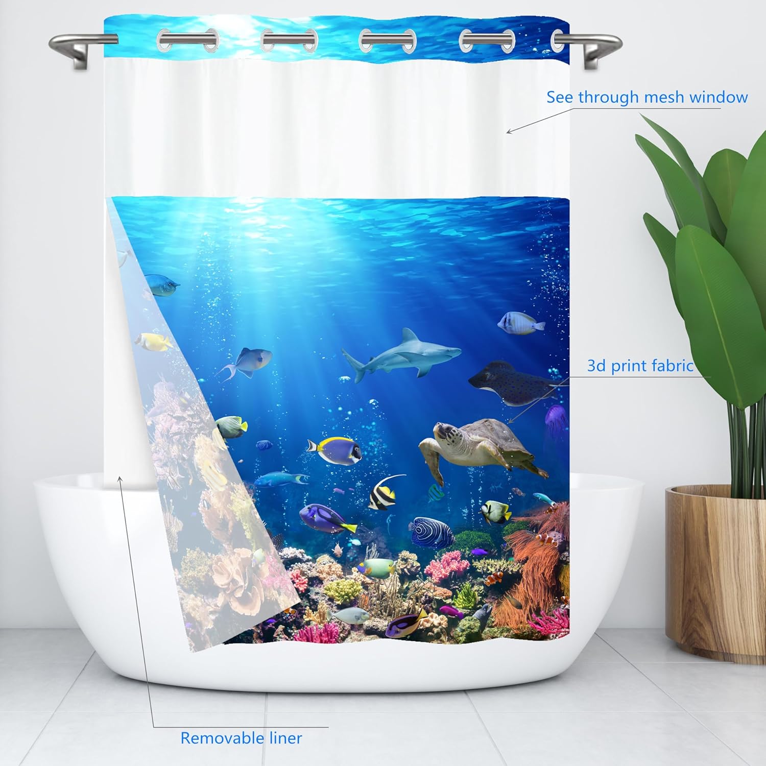Mimihome No Hook Shower Curtain with Snap Liner Ocean Blue 71x74 Inches 1