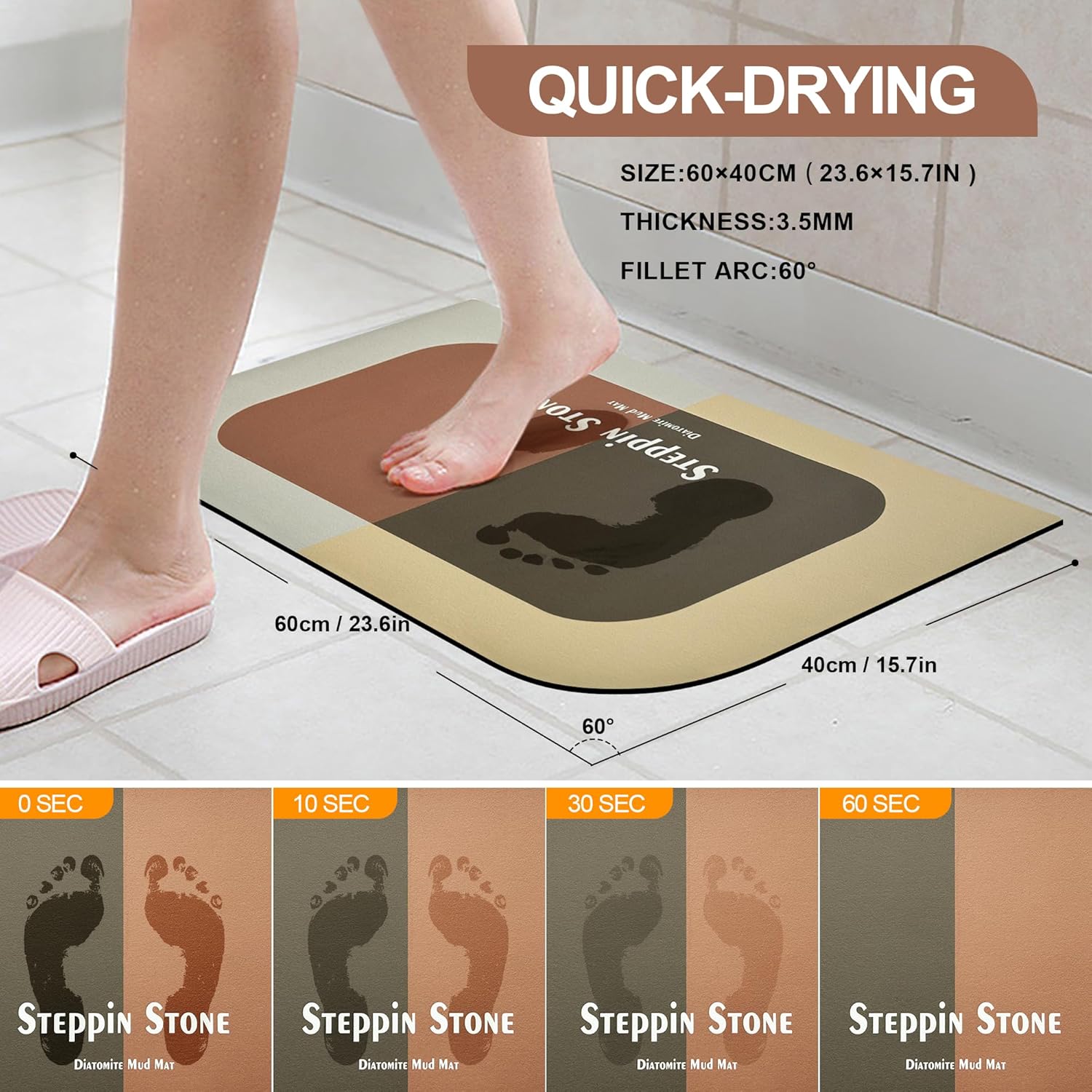FathersDen Diatomite Stone Bath Mat - Non Slip 236x157 Brown