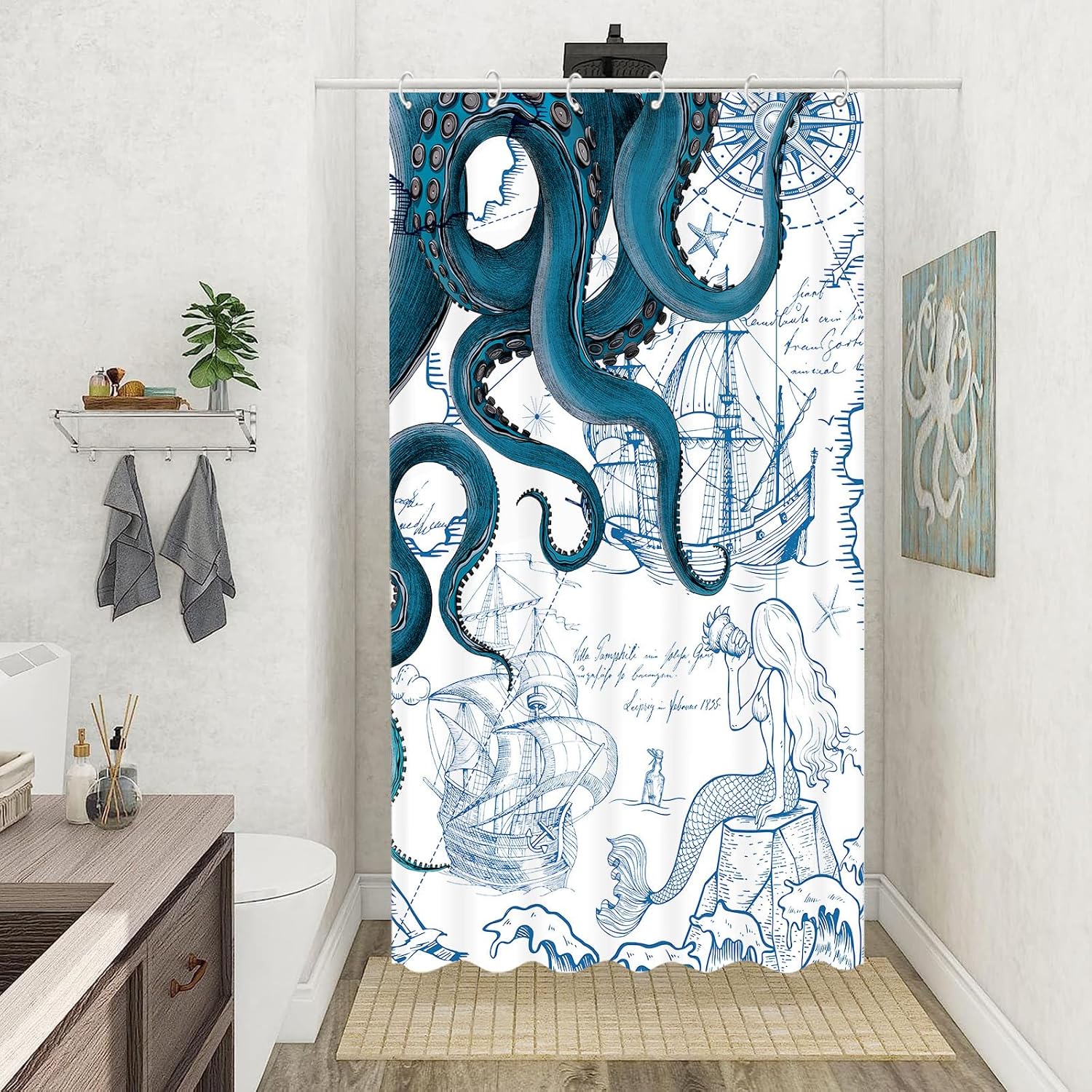 Fungarth Nautical Octopus Shower Curtain Blue 36x72