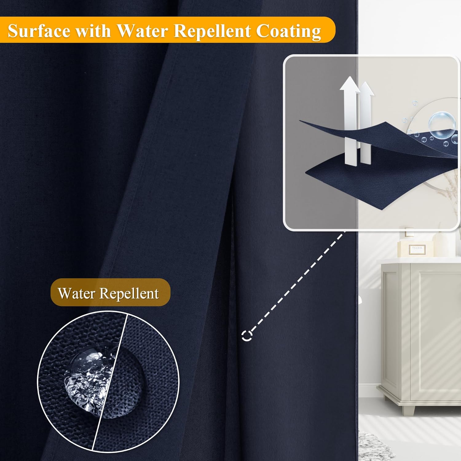 Jowels No Hooks Linen Shower Curtain Set Navy Blue