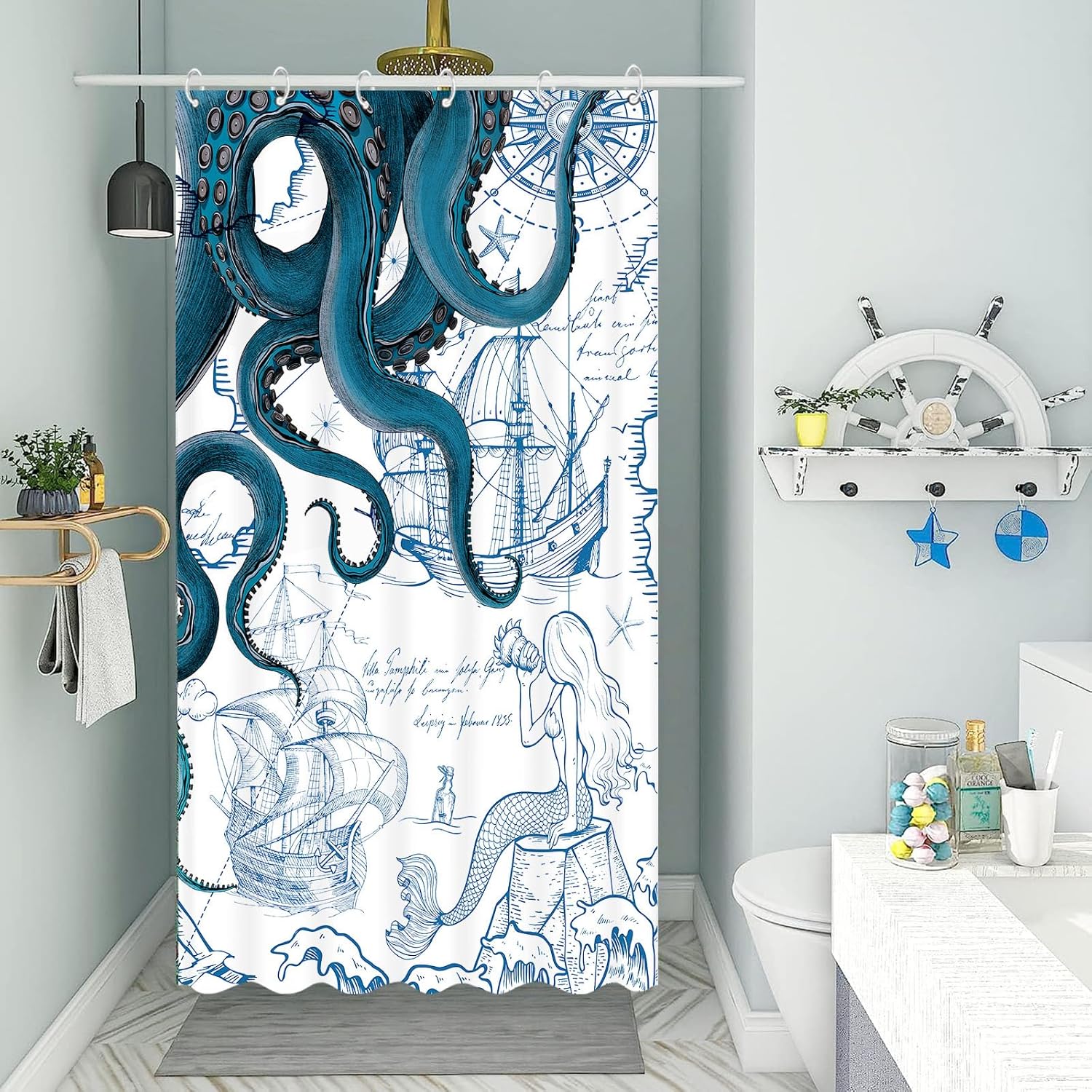 Fungarth Nautical Octopus Shower Curtain Blue 36x72