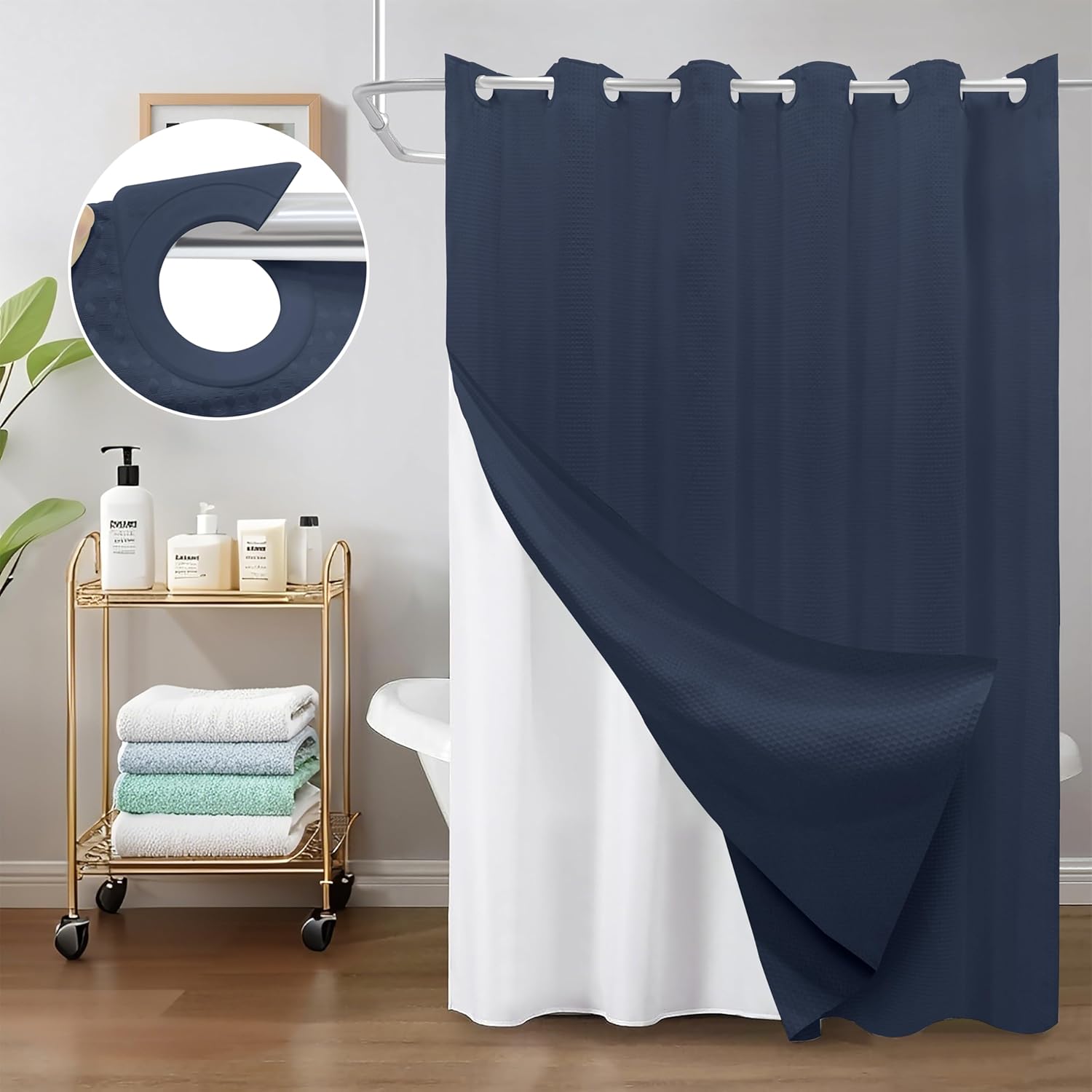 Inhousolu No Hook Waffle Weave Shower Curtain Set Navy Blue