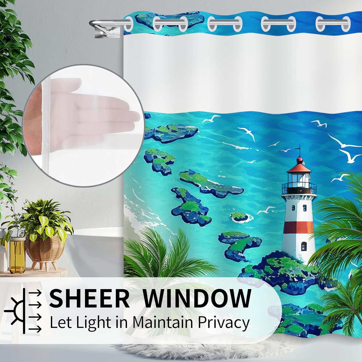 No Hook Beach Shower Curtain Set - Tropical Lighthouse Design in Summer Blue